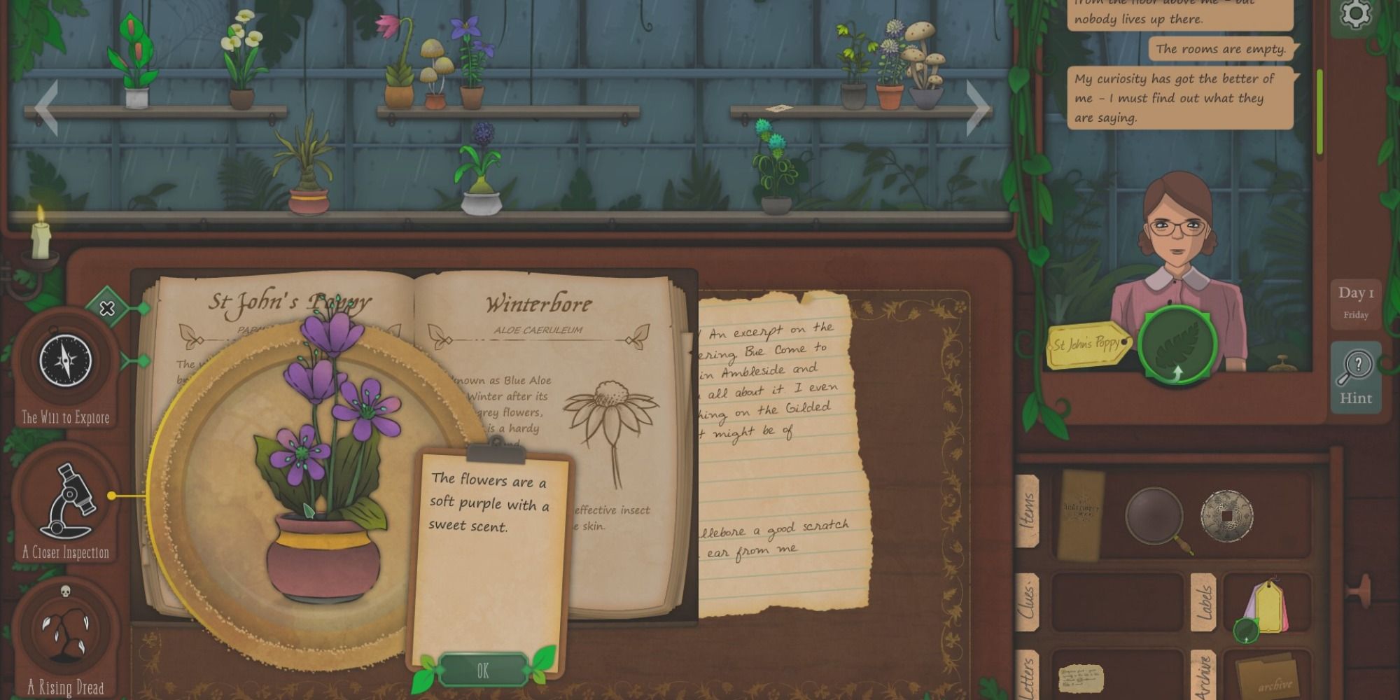 A purple plant is closely examined under a microscope on the shopkeeper's work station