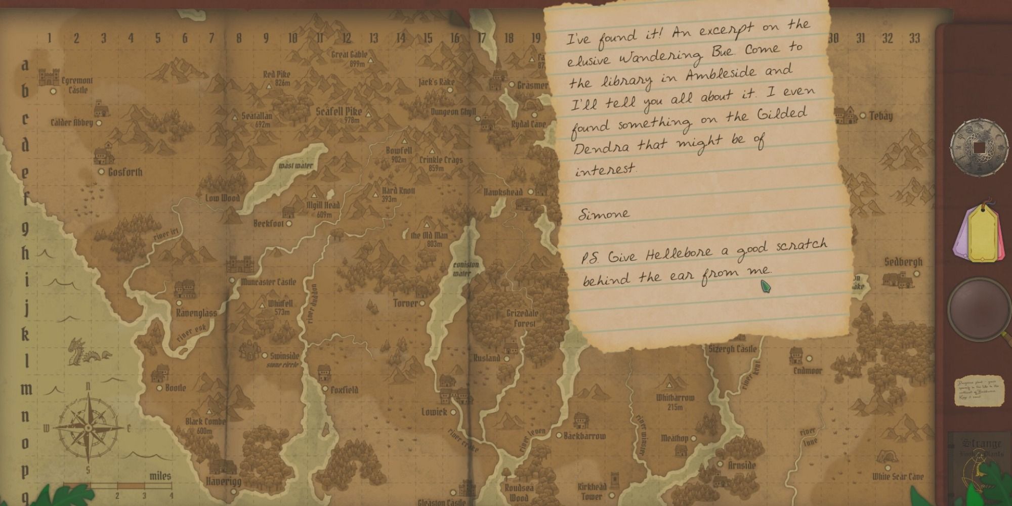 A sepia world map is laid out on a table with a tattered handwritten letter