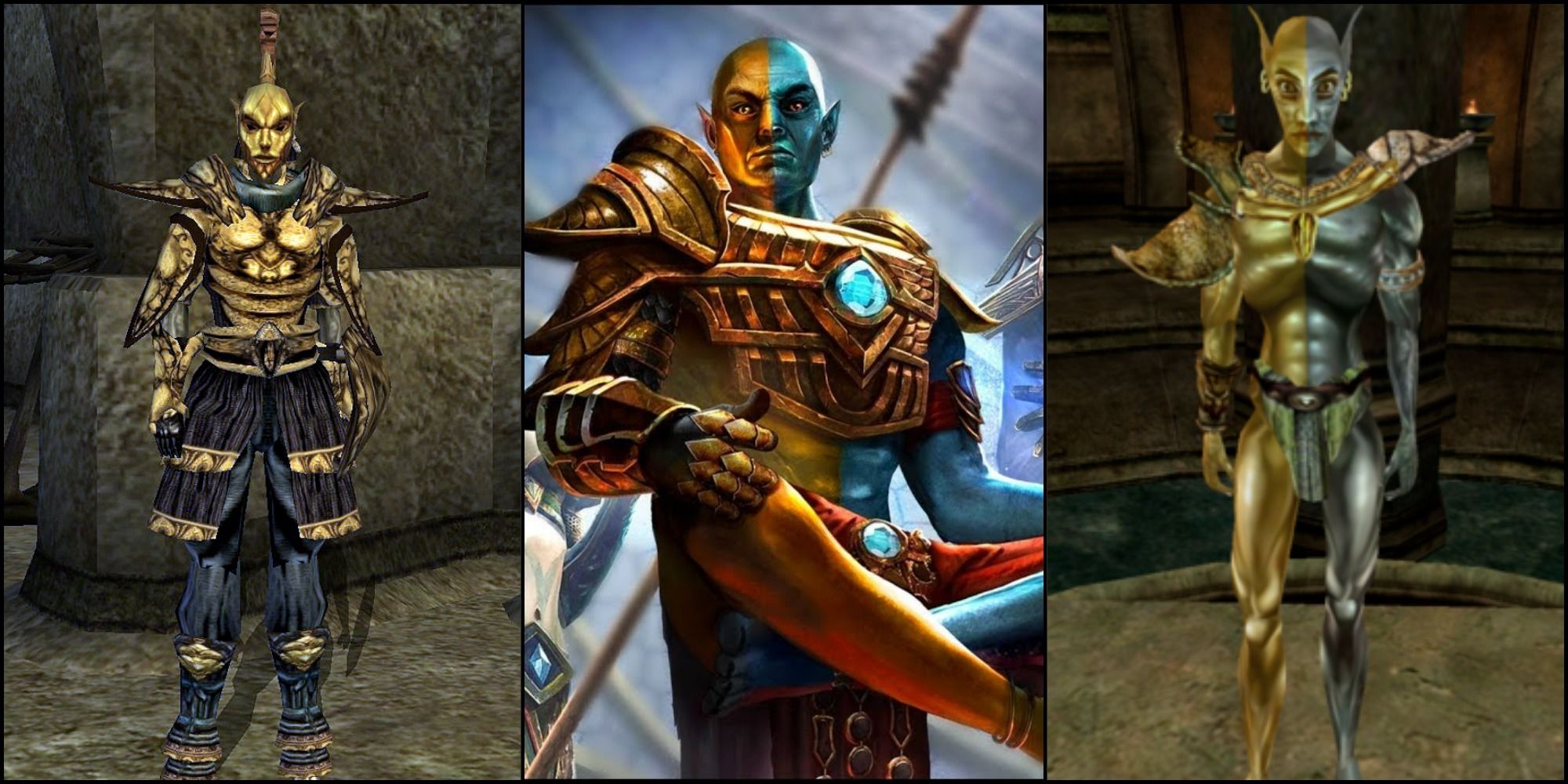 An Elder Scrolls split image featuring an Ordinator to the left, Vivec art in the middle and Vivec from Morrowind to the right