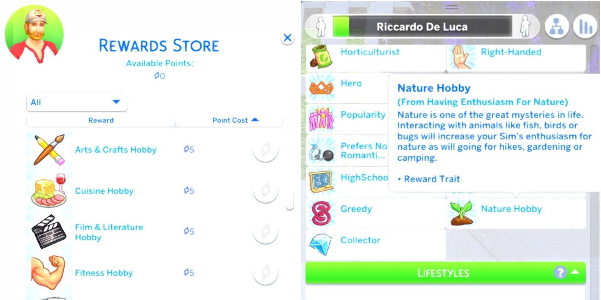 Two images are joined together. On the left, a list of hobbies in The Sims 4 reward store: Arts and Crafts, Cuisine, Film & Literature, and Fitness. On the right, Sim Ricardo de Luza's Simology profile, showing his Nature hobby.