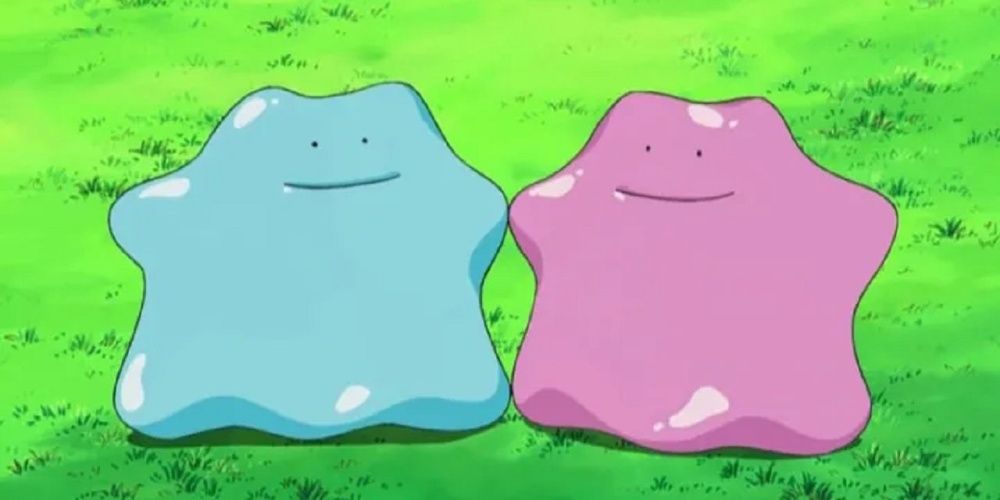 Shiny Ditto standing next to a normal Ditto in the Pokemon anime.