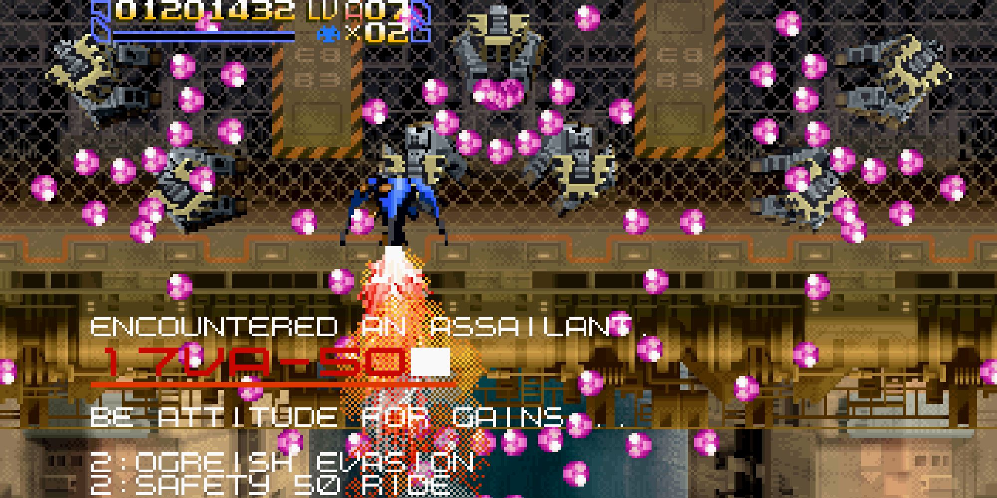 The boss encounter screen for the 17VA-50 enemy in Radiant Silvergun, showing advice for the encounter 