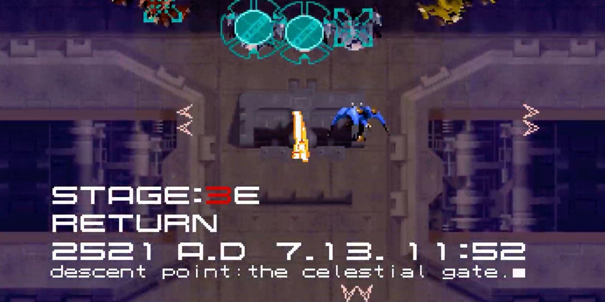 The intro text for stage 3E in Radiant Silvergun, which reads "Return - Descent Point: The Celestial Gate"