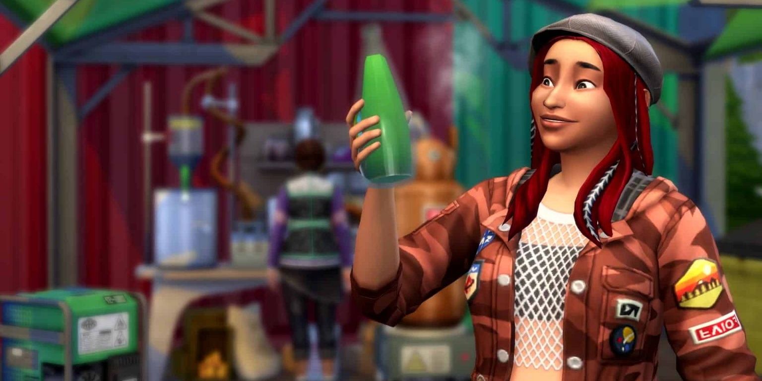 A Sim holds up a bottle of freshly fizzed green juice