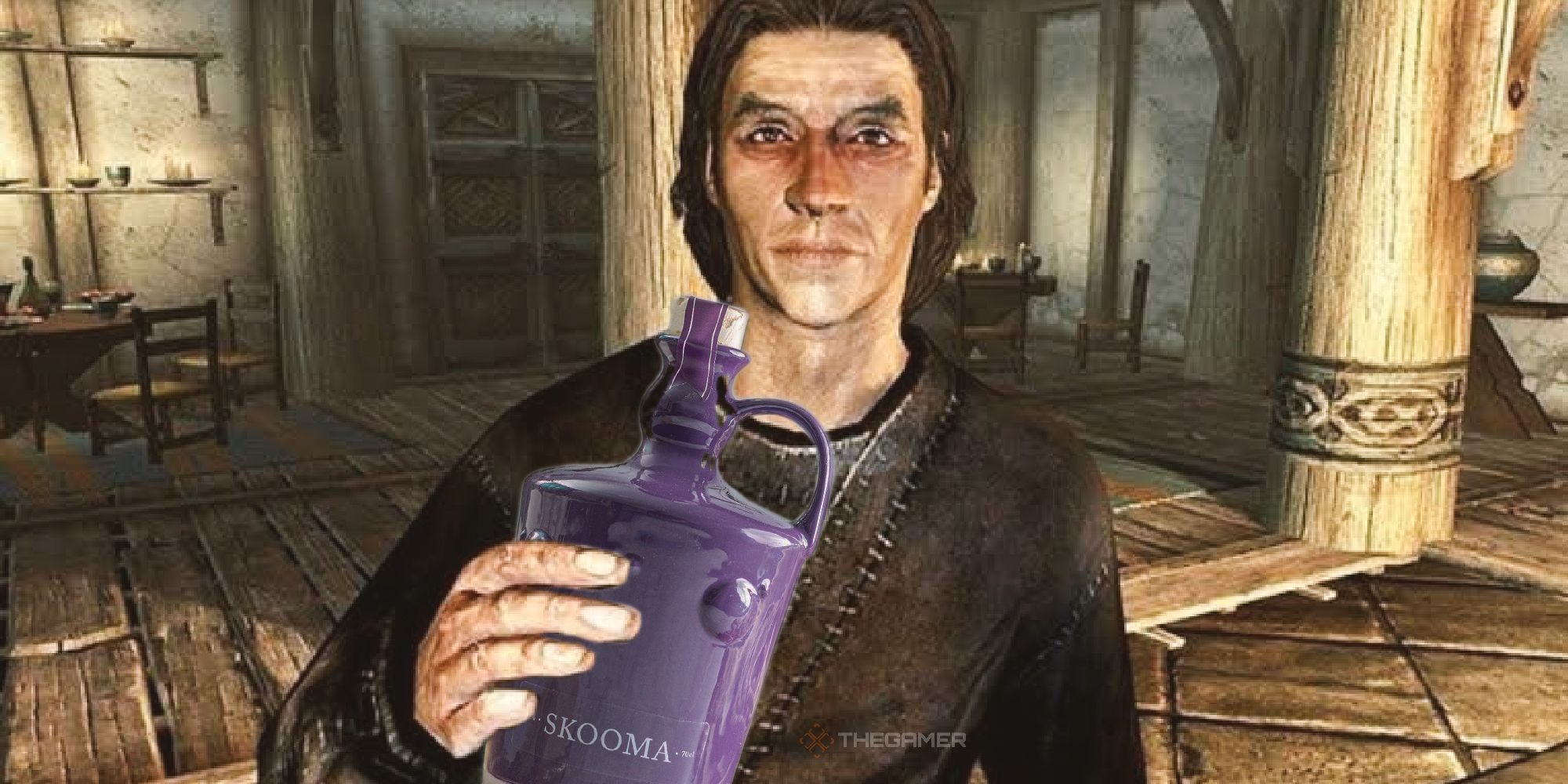 An NPC in an inn drinking a bottle of skooma absinthe