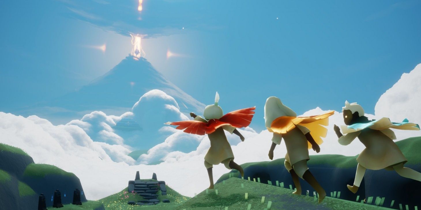 Three characters from Sky: Children of Light running on a field towards a light in the sky