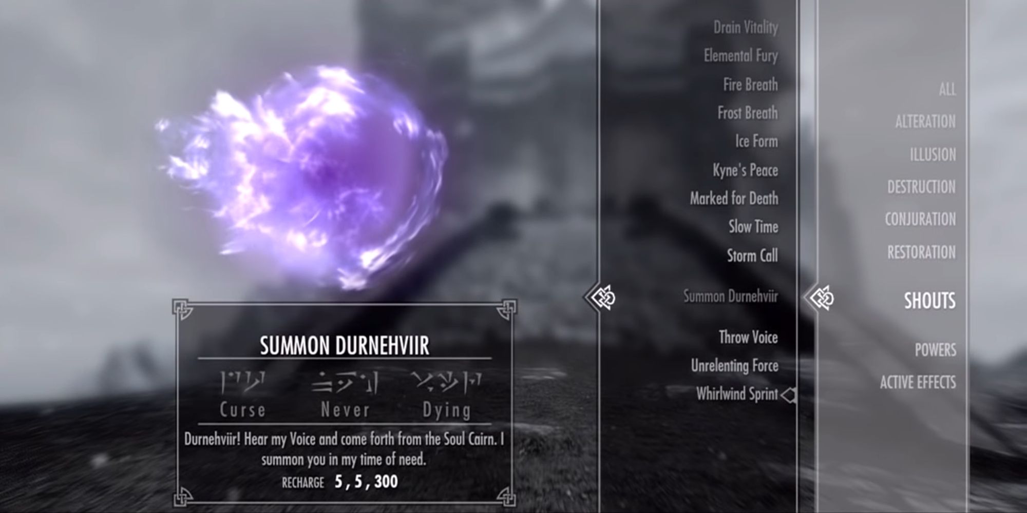 shout screen with the summon Durnehviir option selected