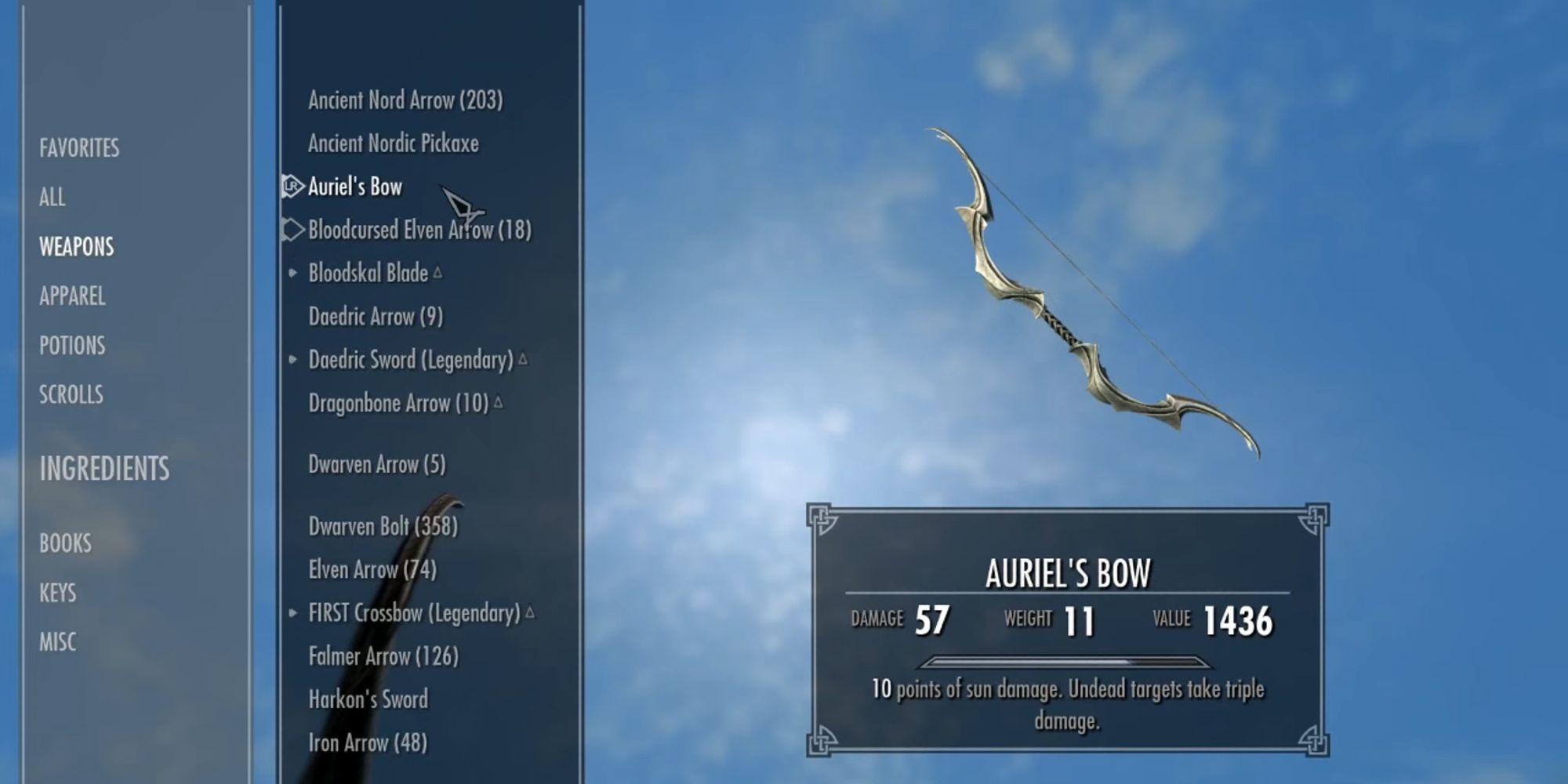 auriel's bow in player inventory