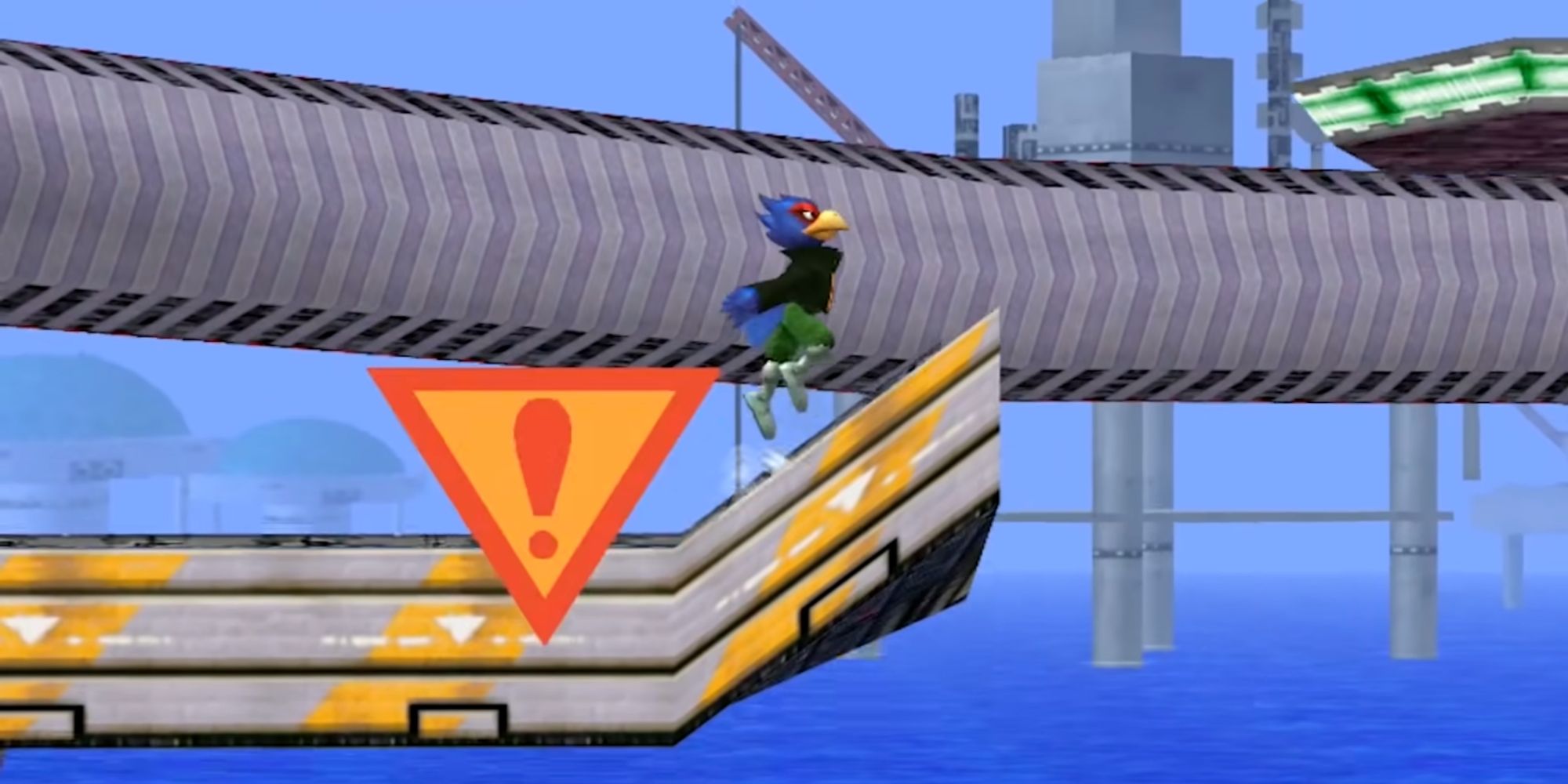 Falco leaps above the track in the F-Zero Grand Prix stage of Super Smash Bros. Melee
