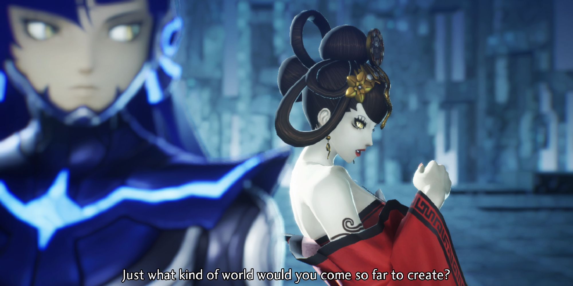 A demon asks the Nahobino what kind of world they want to create in Shin Megami Tensei 5