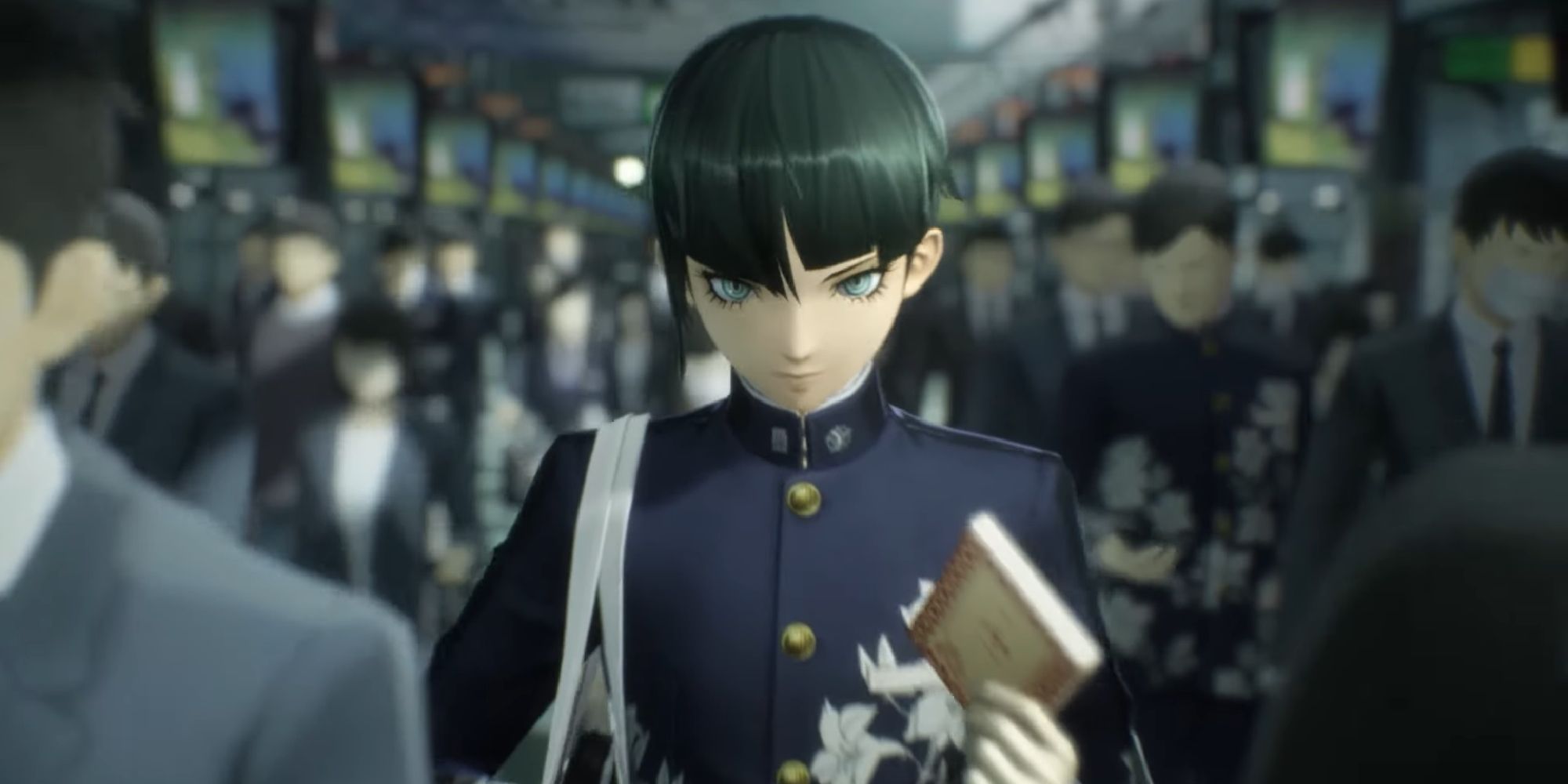 A screenshot from the reveal trailer of Shin Megami Tensei 5, showing the main character surrounded by faceless, anonymous NPCs
