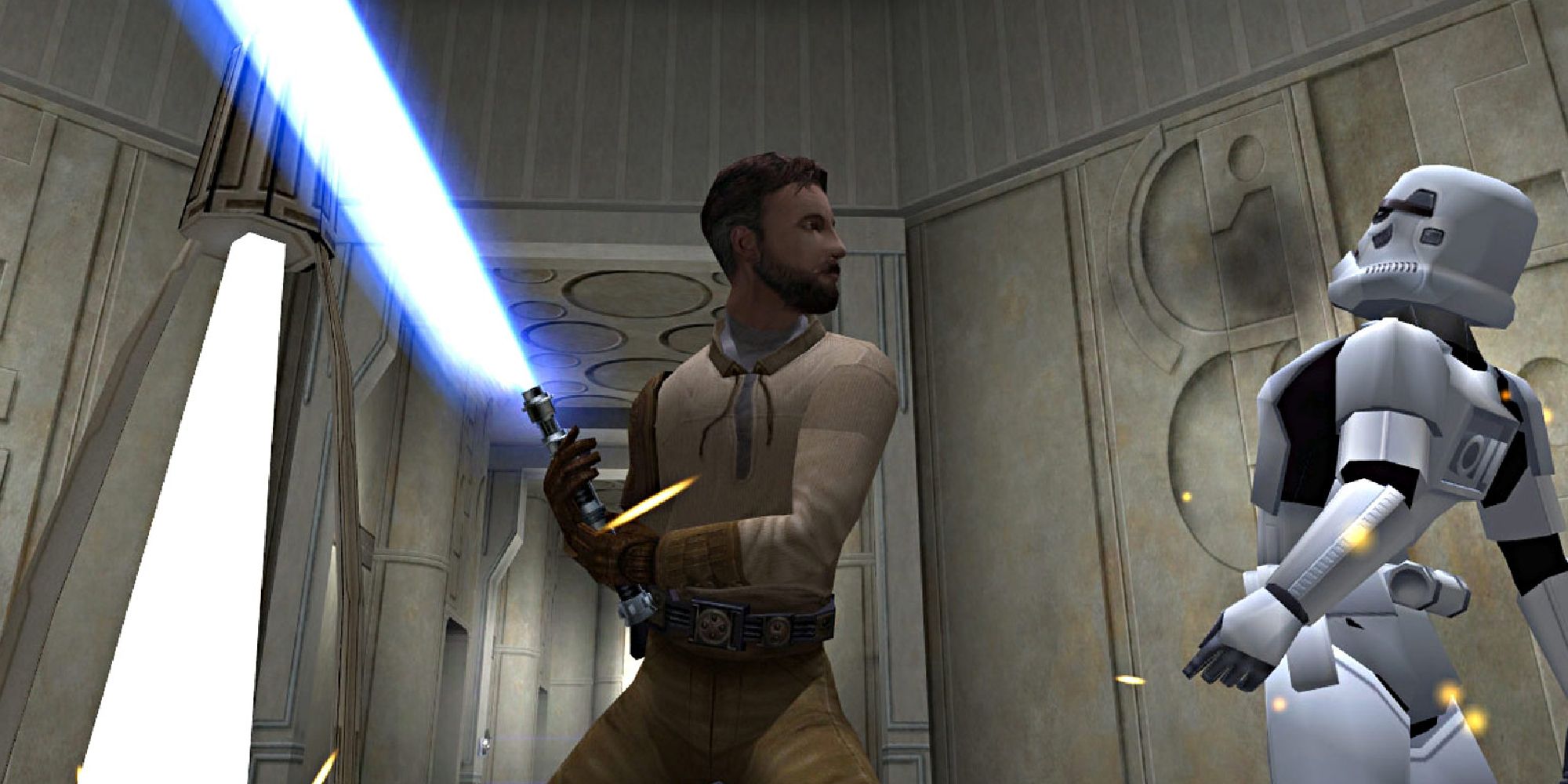 The player slashes an enemy Stormtrooper with a lightsaber in Star Wars Jedi Knight 2: Jedi Outcast.