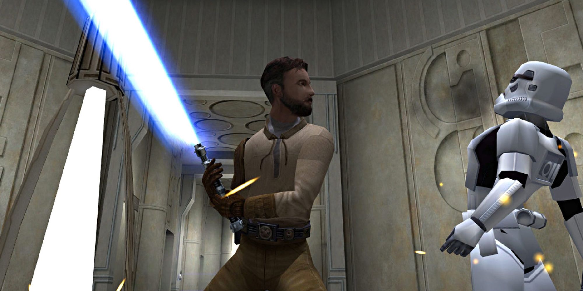 The player slashes an enemy Stormtrooper with a lightsaber in Star Wars Jedi Knight 2: Jedi Outcast