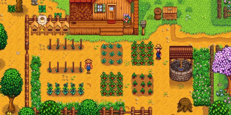 stardew-valley player on farm outside house with crops