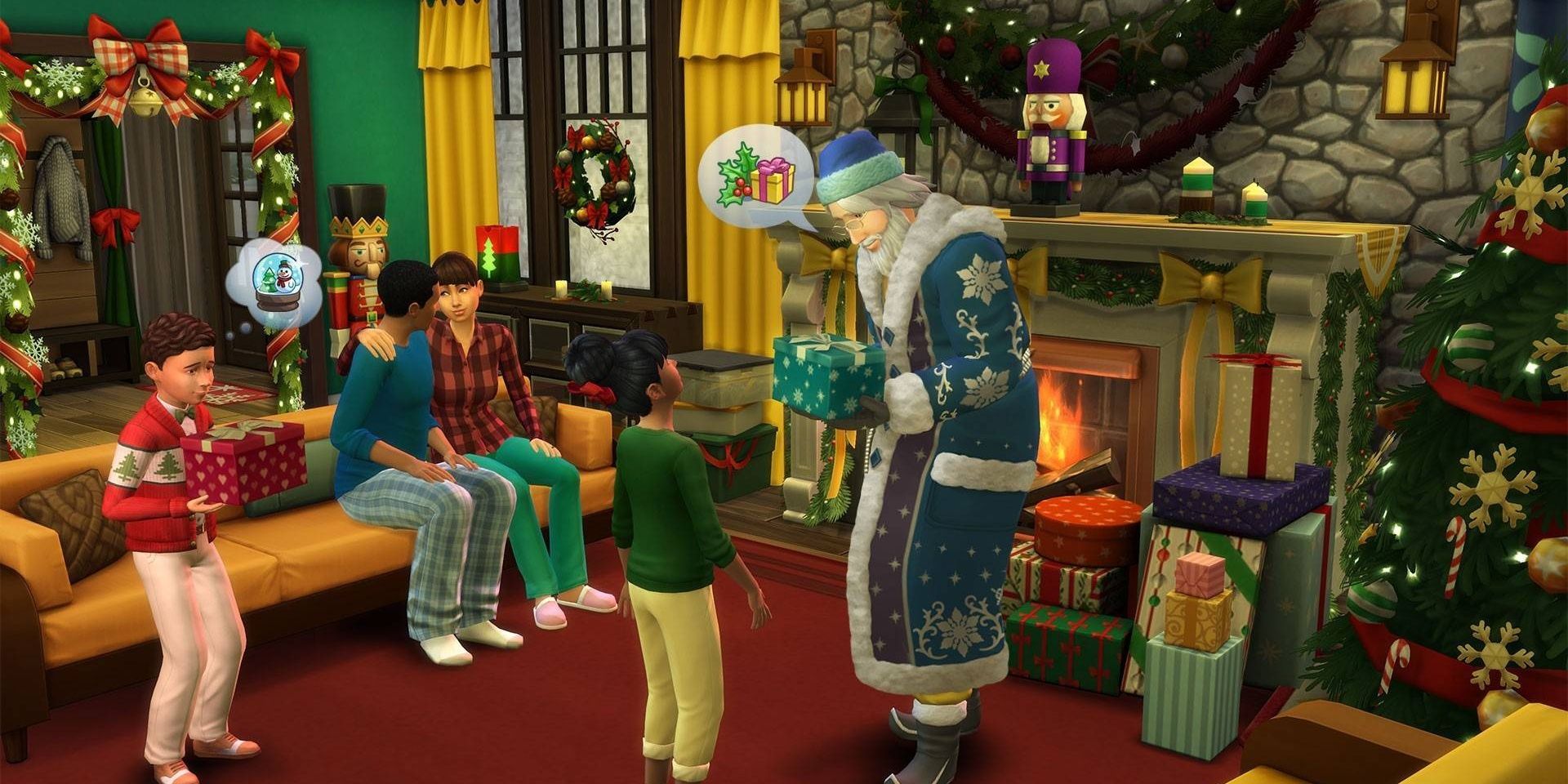 A family celebrates Winterfest with Father Winter and gift in The Sims 4. Two parents sit together on the couch, while their two children open presents. One of the children talks to Father Winter.