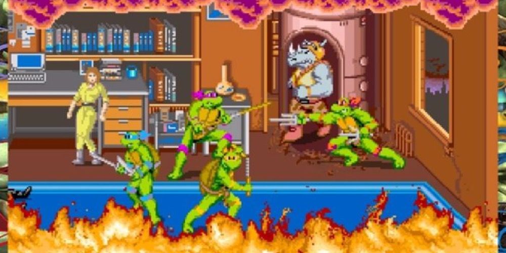 4 ninja turtles stand in a burning room and a rhino man exits a chamber in the corner