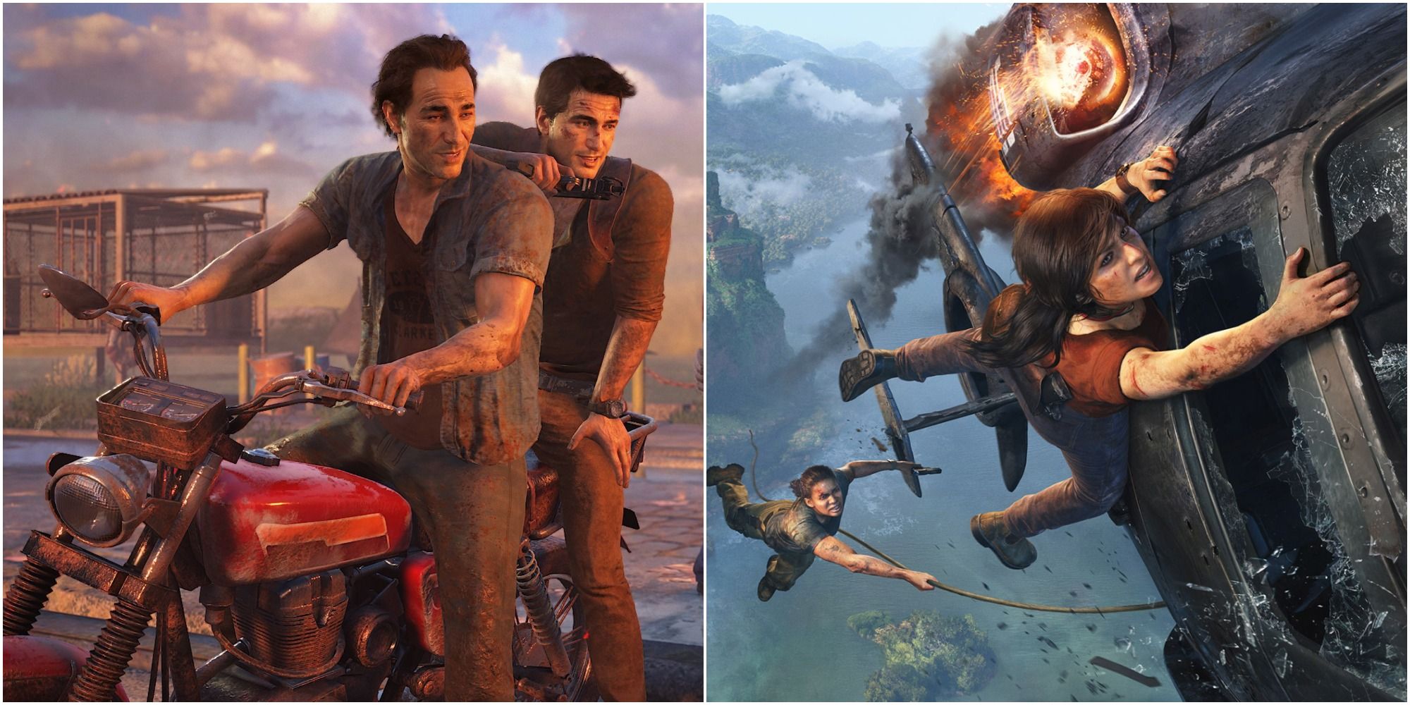 A collage showing Sam, Nathan, Chloe and Nadine in the Uncharted: The Legacy of Thieves Collection