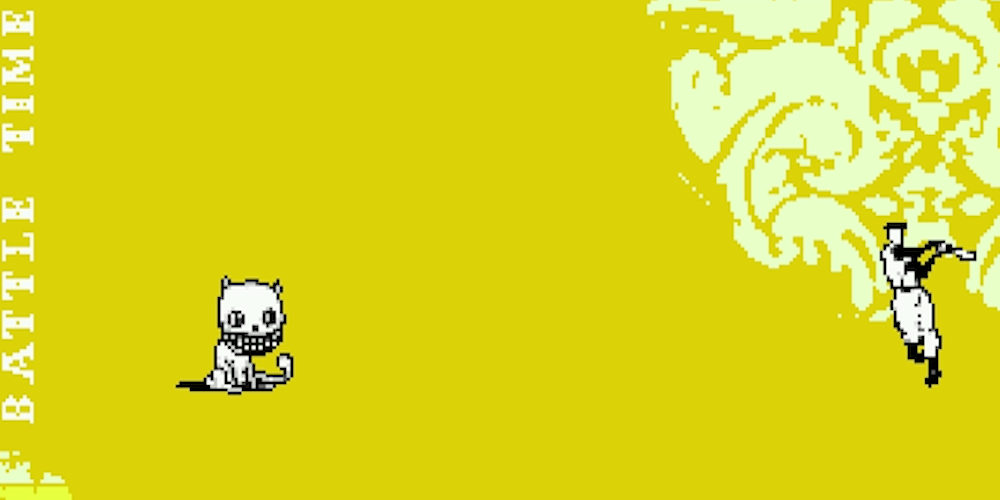 a scary cat creature faces a baseball player on a yellow background