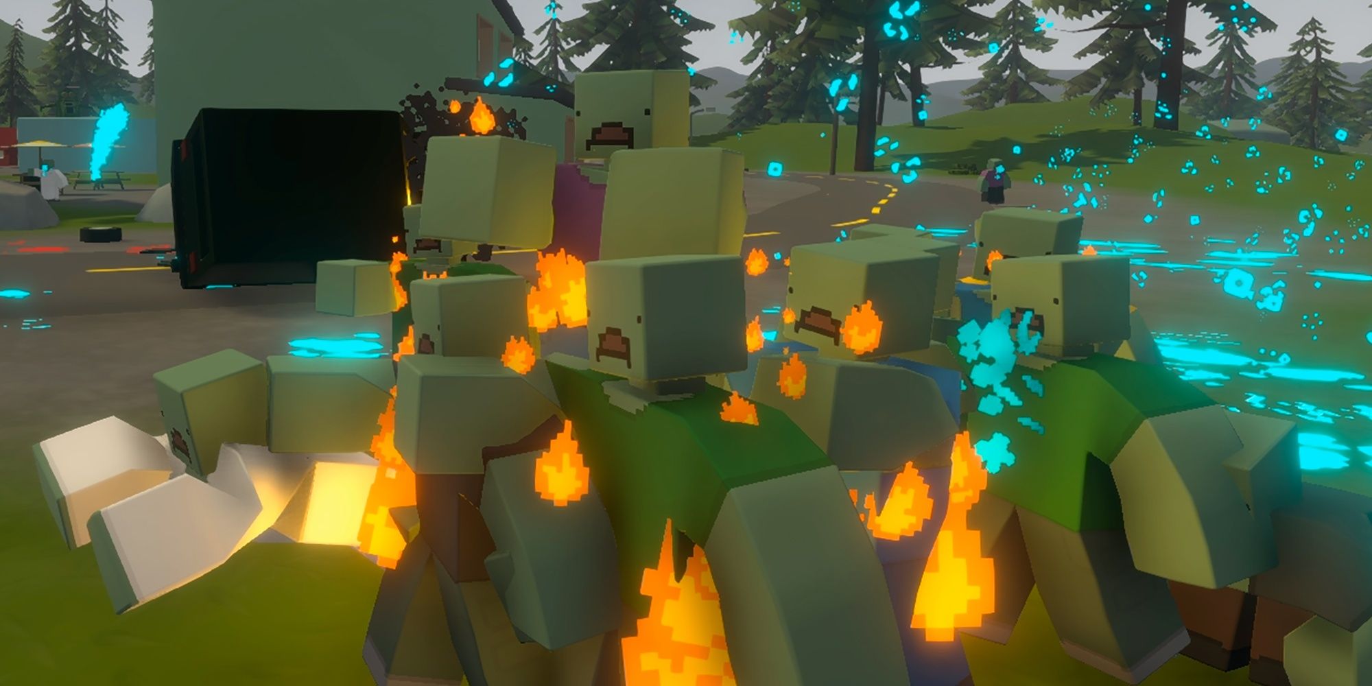 A group of zombies have been set on fire