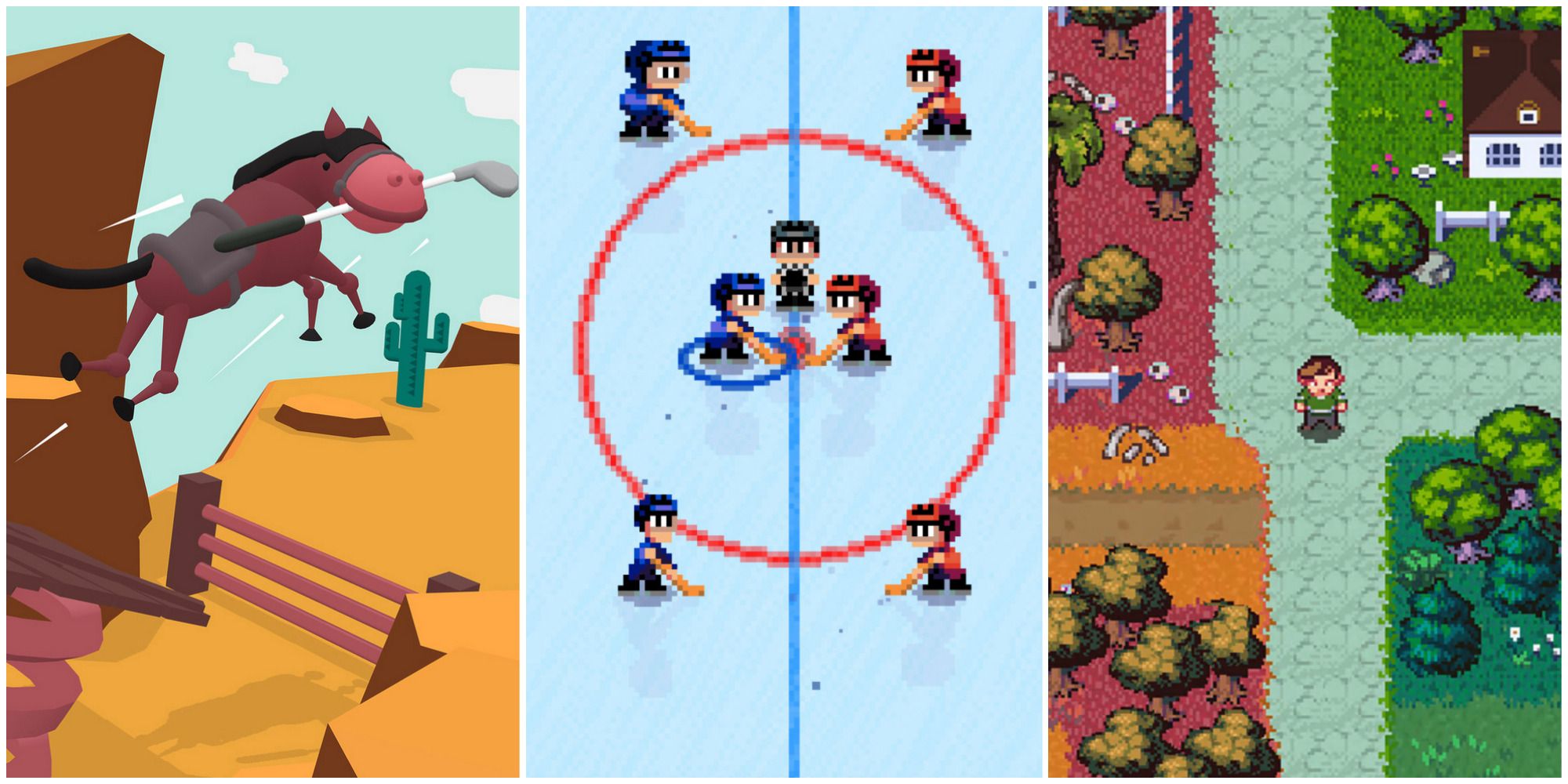 what the golf horse with golf club, super blood hockey game start on rink, golf story character exploring featured