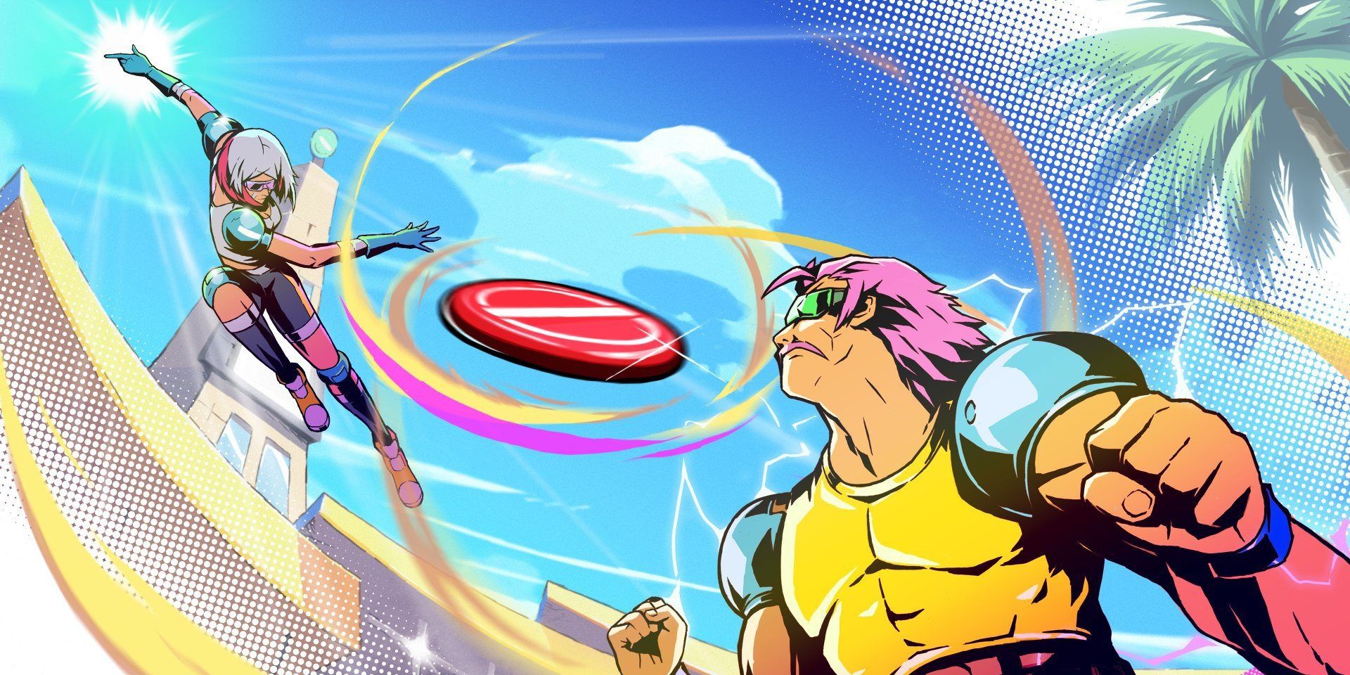 A photo depicting a player smashing the disc from midair in Windjammers 2