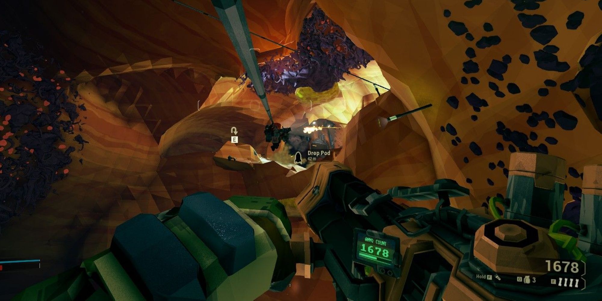 Deep Rock Galactic: Gunner Crossing A Chasm Using A Zipline