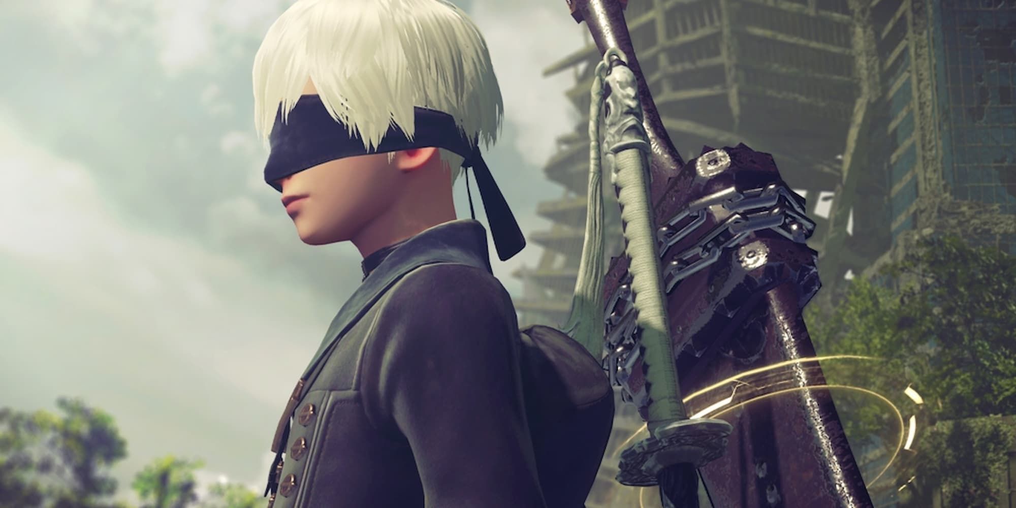 Close-up of 9S with two swords floating behind his back