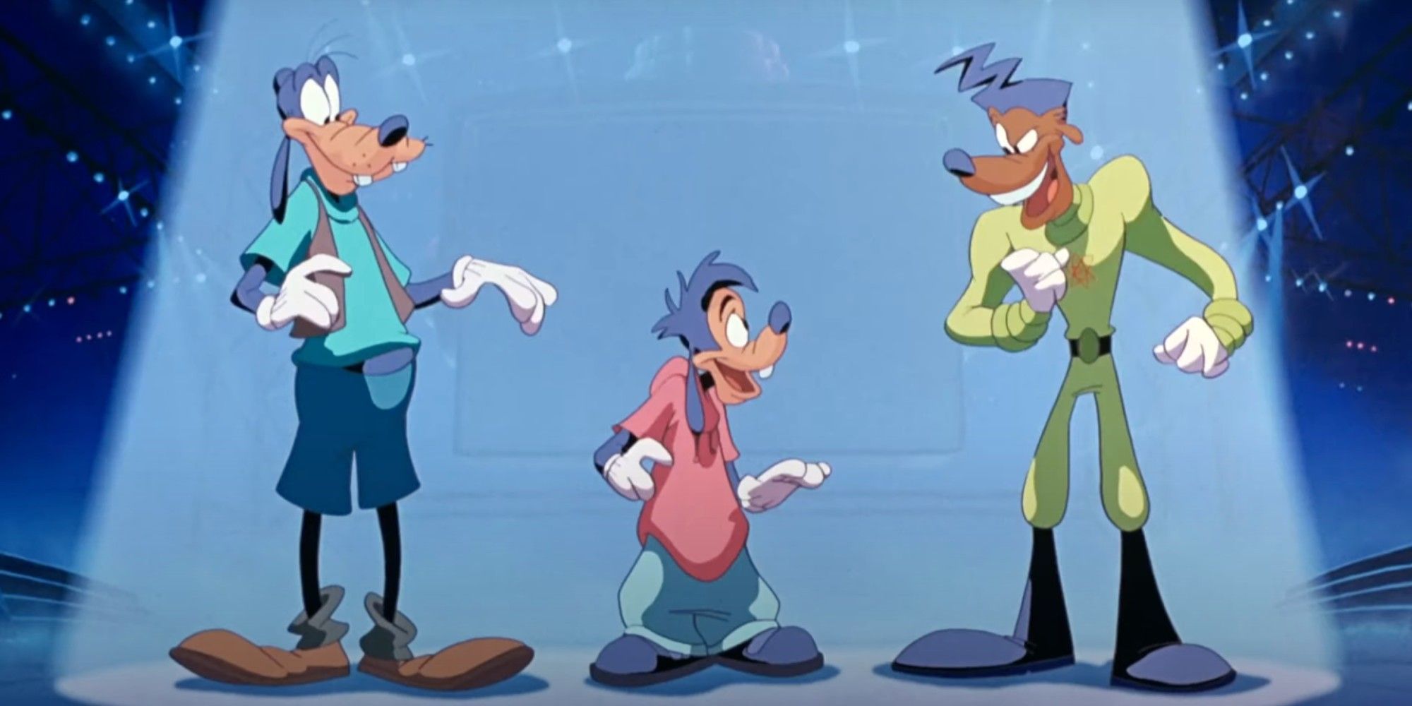 Goofy and Max on stage at the Powerline concert in A Goofy Movie