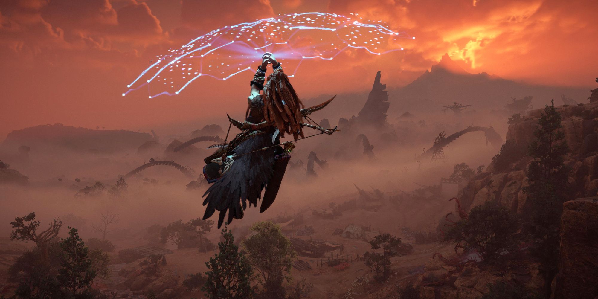 Horizon: Forbidden West Aloy using Shieldwing to glide down to the ground. Sunset in the distance.
