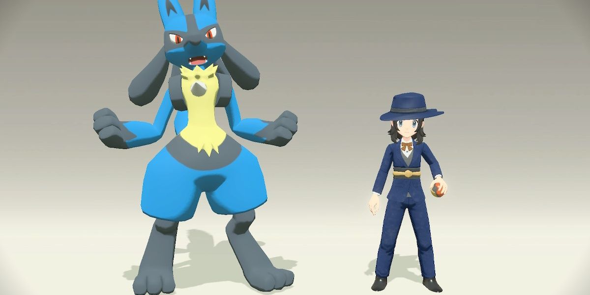 Alpha Lucario posing next to the Pokemon Legends Arceus girl trainer wearing the Indigo Tailored Suit and Brimmed Hat.