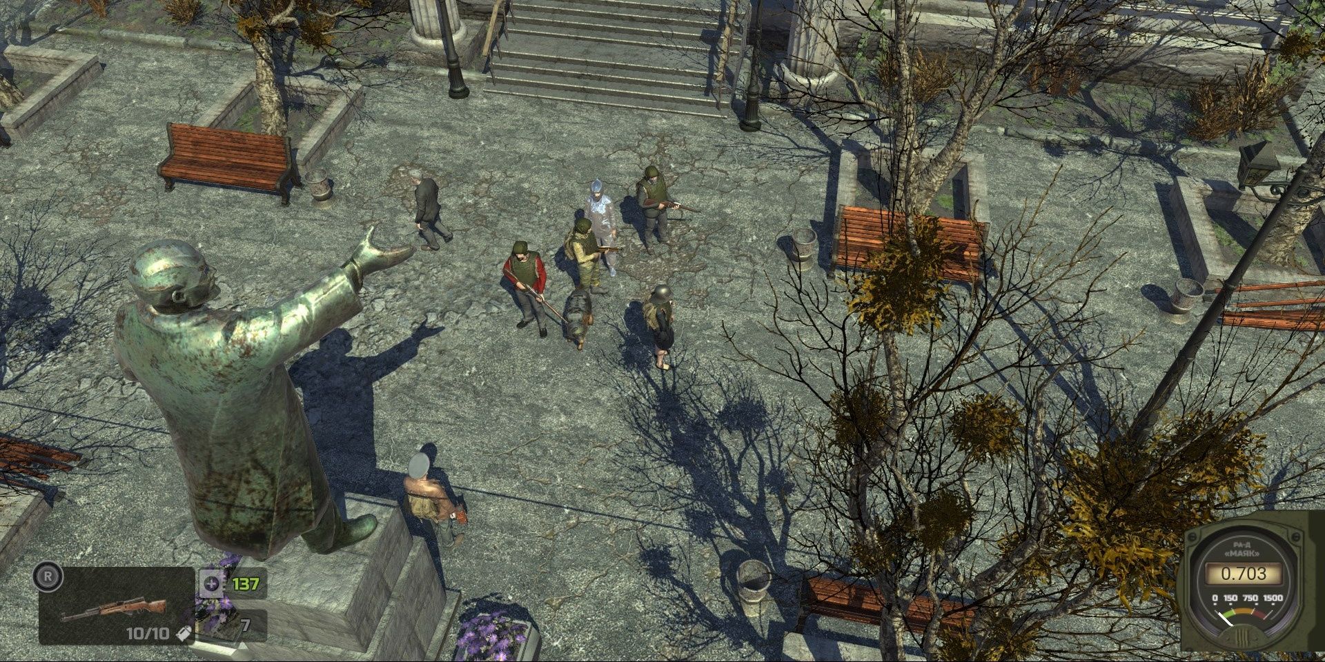 Atom RPG Gameplay Screenshot Of Characters By A Statue 