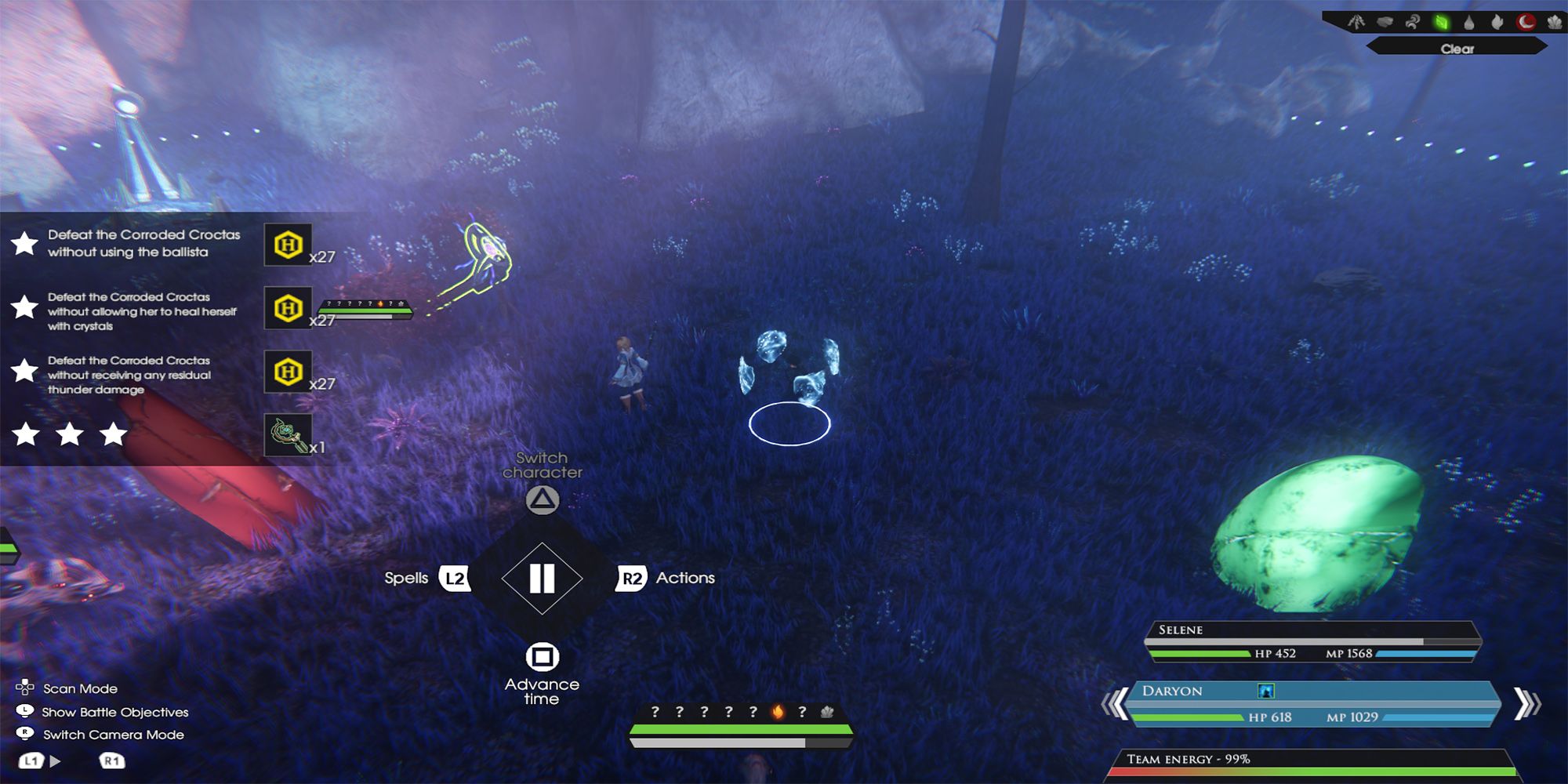 Daryon and Selene stand between a ballista and a healing crystal while engaged in battle in Crelk Forest in Edge of Eternity.