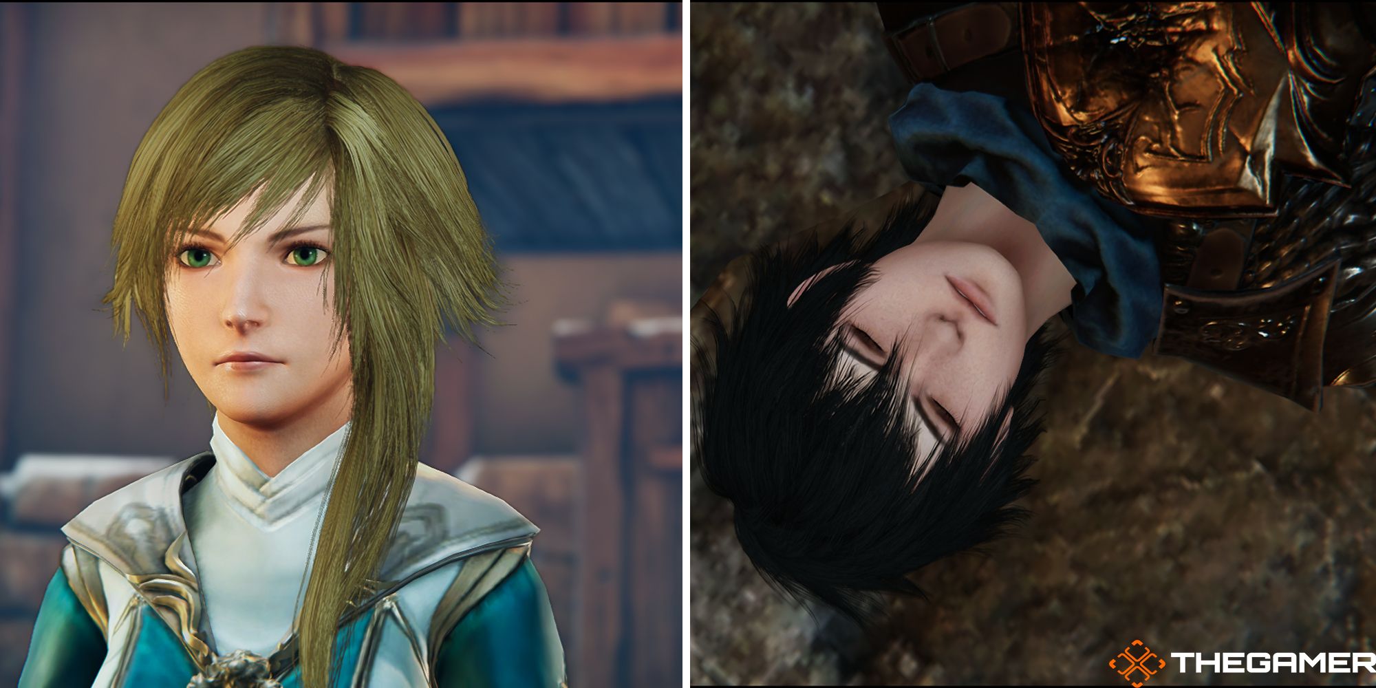 Selene contemplates on the mountaintop outside of Inel, her childhood home, in Edge of Eternity (left). Daryon lies unconscious in the rubble of the mysterious Ascendance ritual in Edge of Eternity (right).