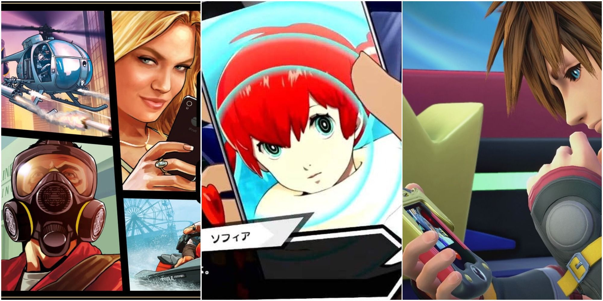 The cover art for GTA 5, an image of Sofia on the phone in Persona 5 Strikers, and Sora using the Gummi Phone, left to right