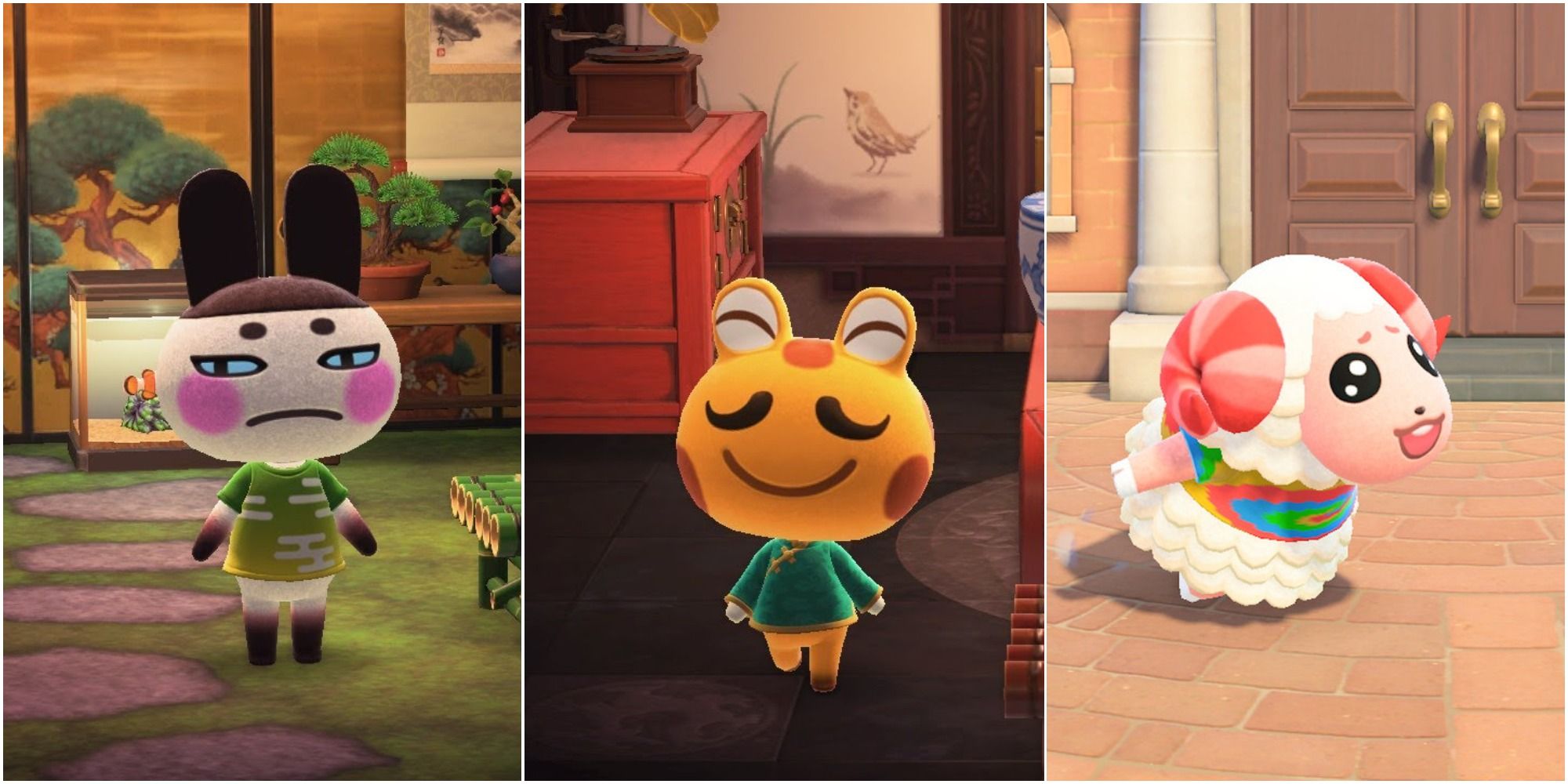 Collage of jock villagers, white and brown bunny Genji, orange mustachioed frog Cousteau and expressive white and pink sheep Dom wearing a rainbow tie dye shirt.