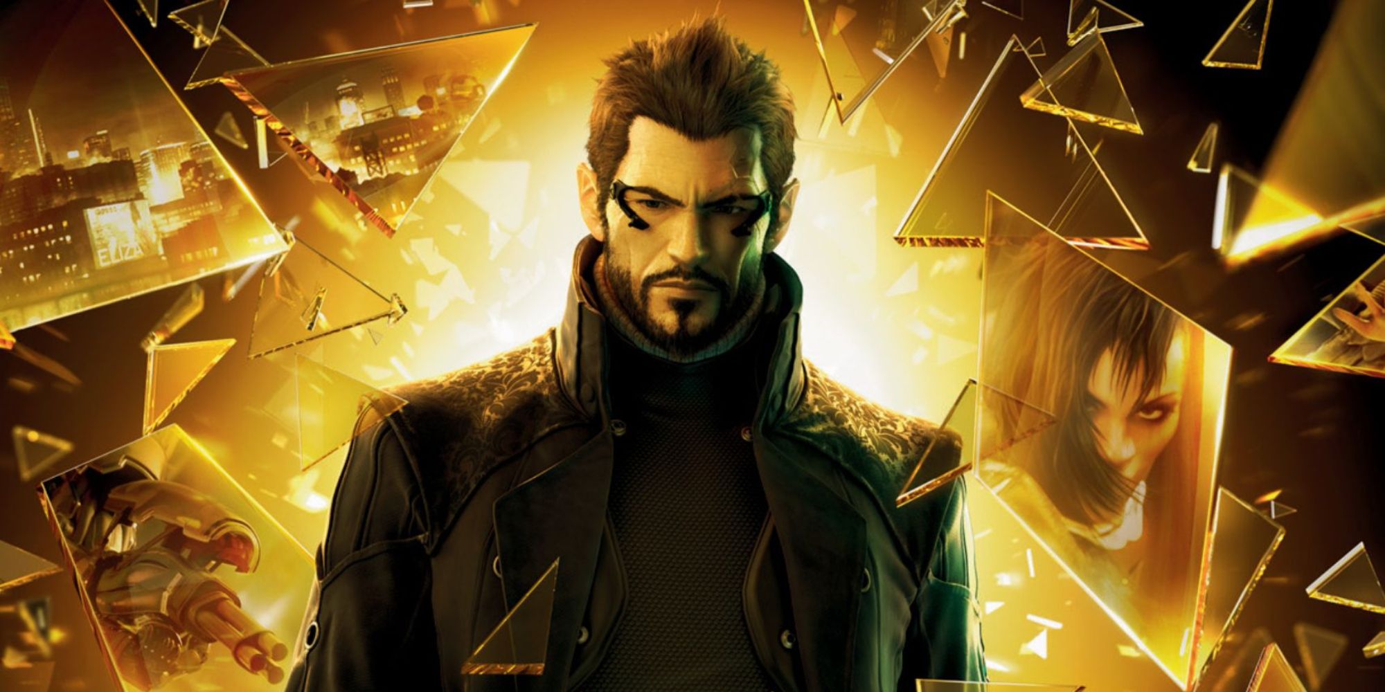 Best RPG Soundtracks a shot of Adam Jensen from Deus Ex: Human Revolution stood against a yellow background with fractured glass reflecting locations and characters from the game surrounding him