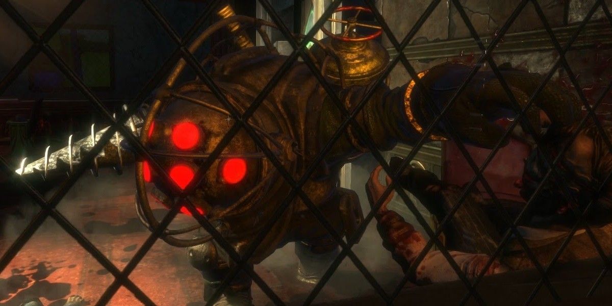 Bioshock 1 fighting angry Big Daddy monster antagonist