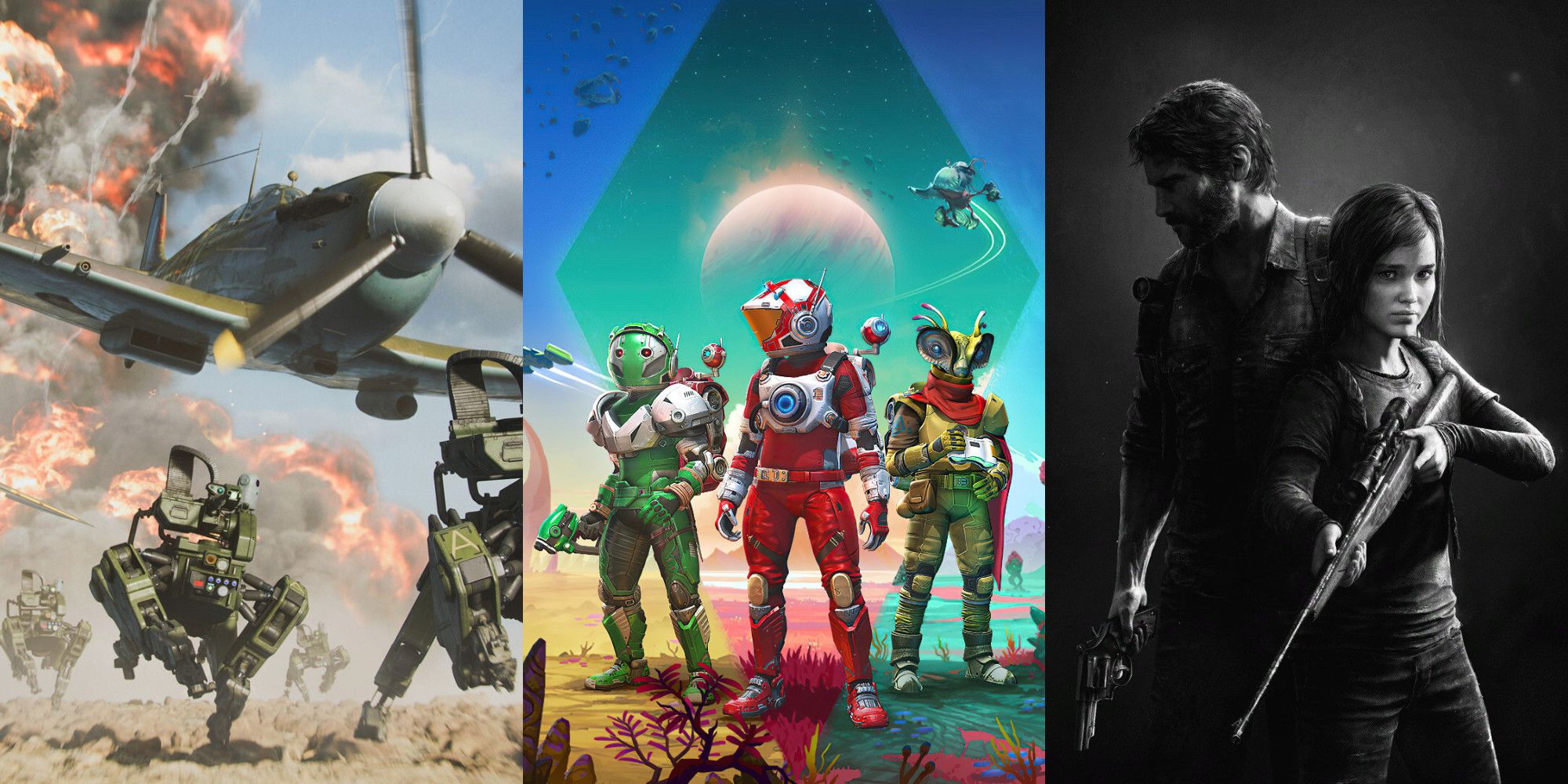 Machines from Battlefield 2042, characters in no man's Sky, and Joel and Ellie from The Last Of Us