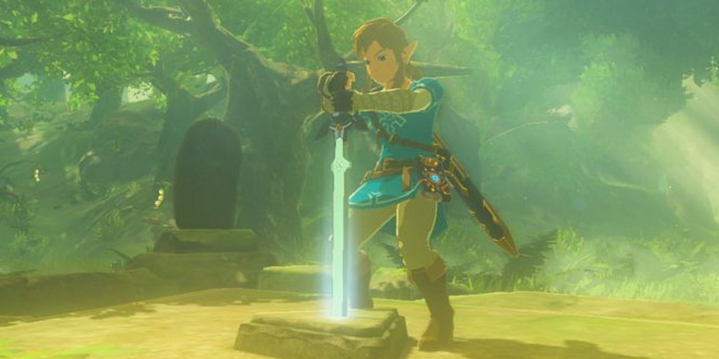 Link pulls the Master Sword out of its pedestal in Breath of the Wild.