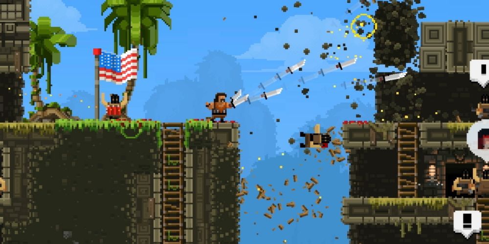 Broforce: A Rambo-like character causing destruction with knives