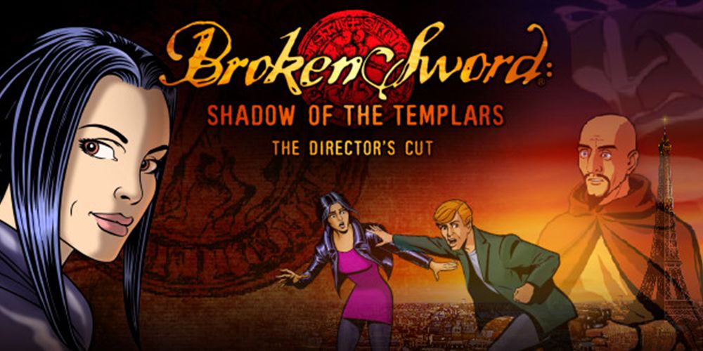 Broken Sword The Shadow of the Templars cover art featuring the main characters and Paris' skyline in the background