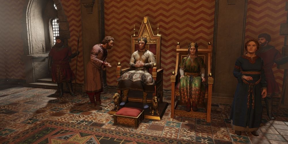William sitting on a throne next to his queen as another character talks to him in Crusader Kings 3