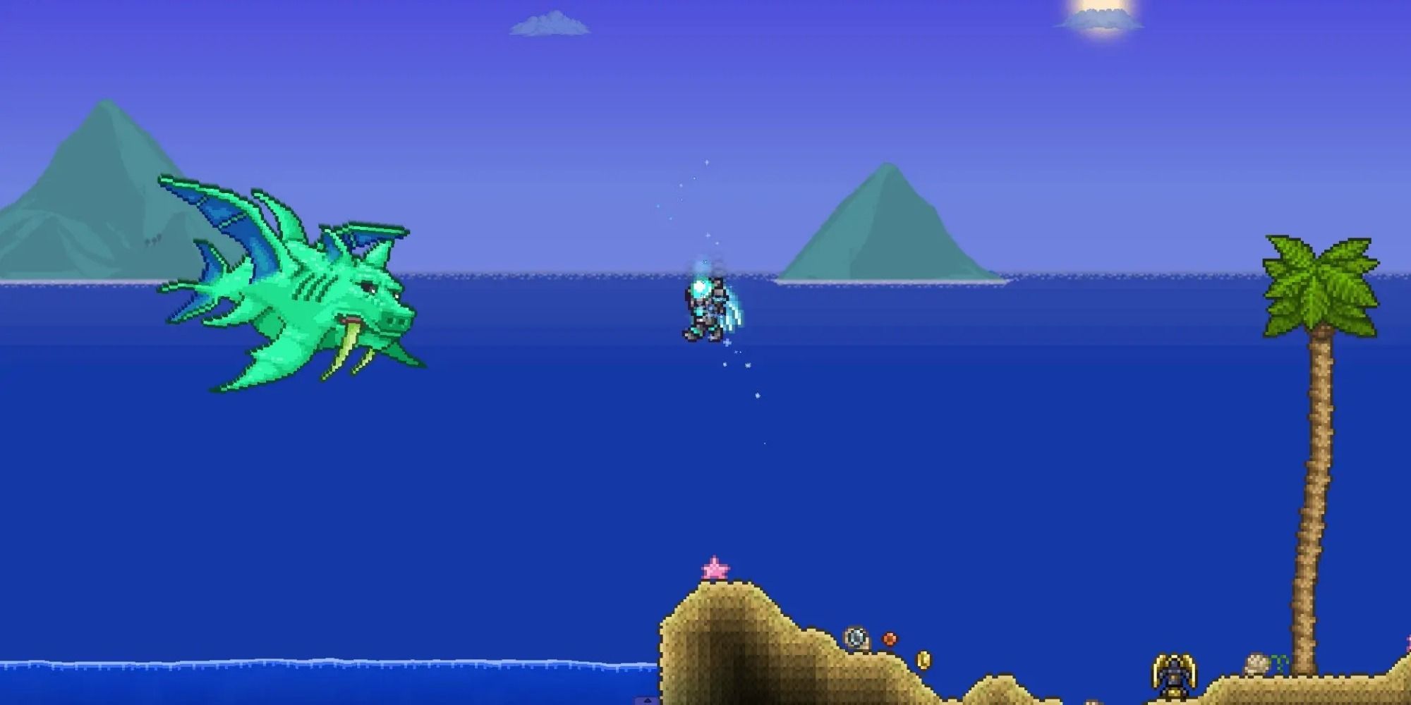 Character Jumping Towards Duke Fishron In Terraria