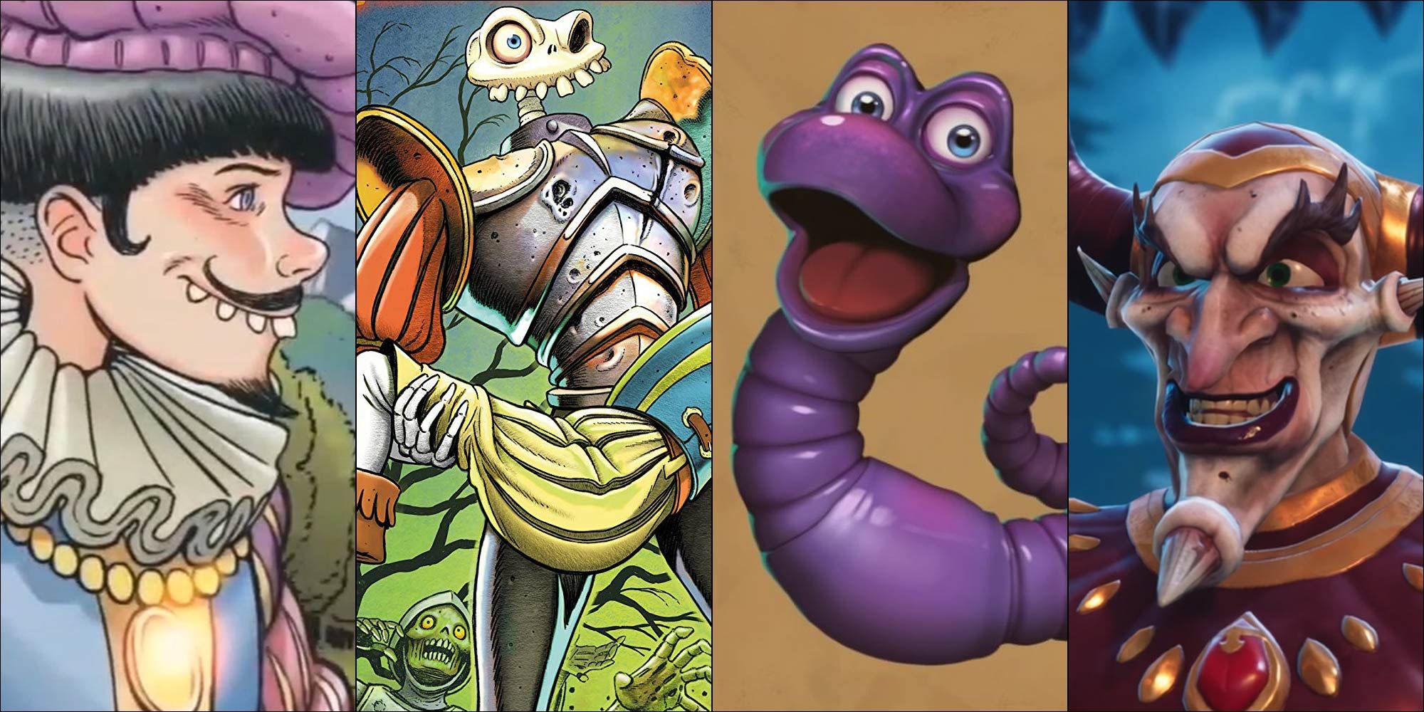 Split image Characters from the MediEvil series: Sir Daniel Fortesque, both alive and dead, Morten and Zarok