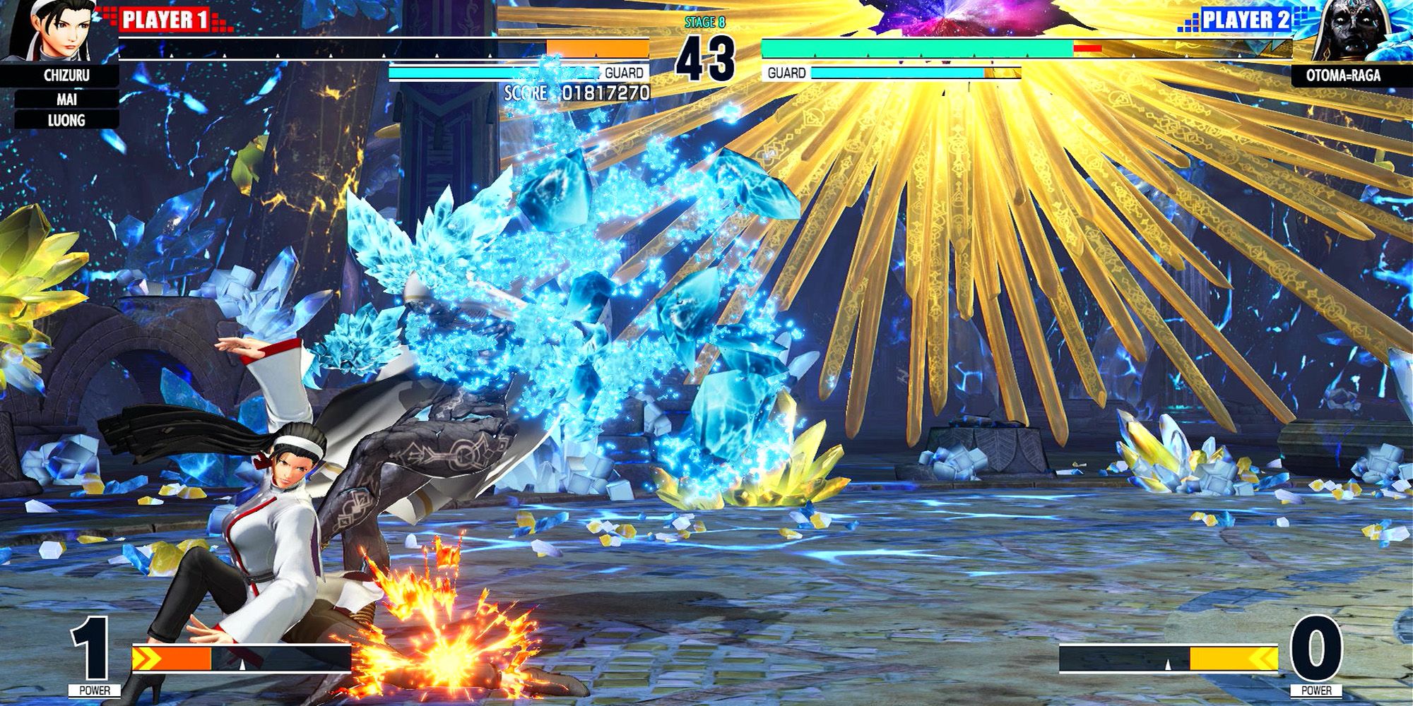 Chizuru sweeps Otoma=Raga with a low heavy kick in the Crystallization Arena. The King Of Fighters 15.