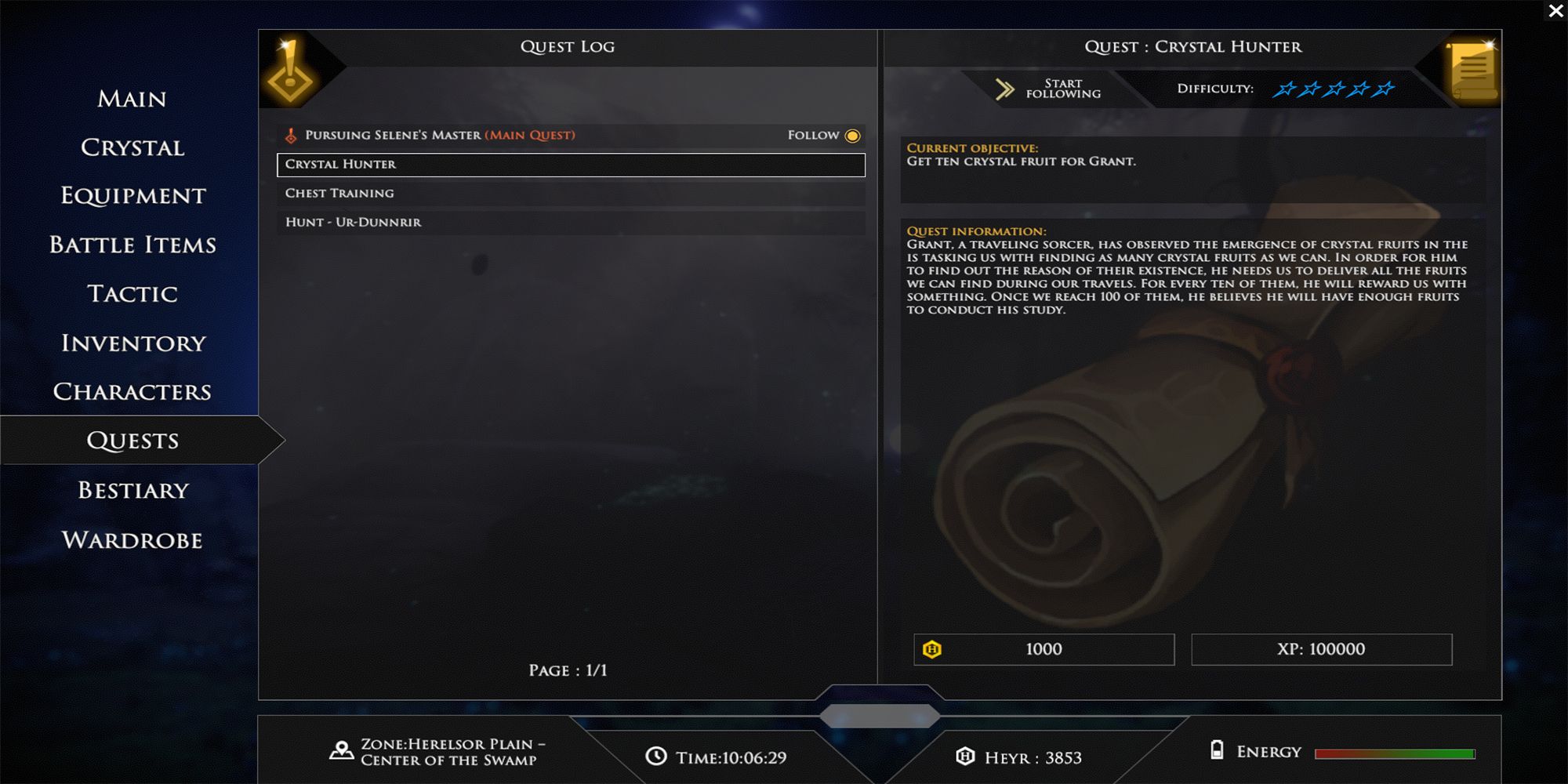 A description of the Crystal Hunter Quest in Edge Of Eternity's Quests menu.