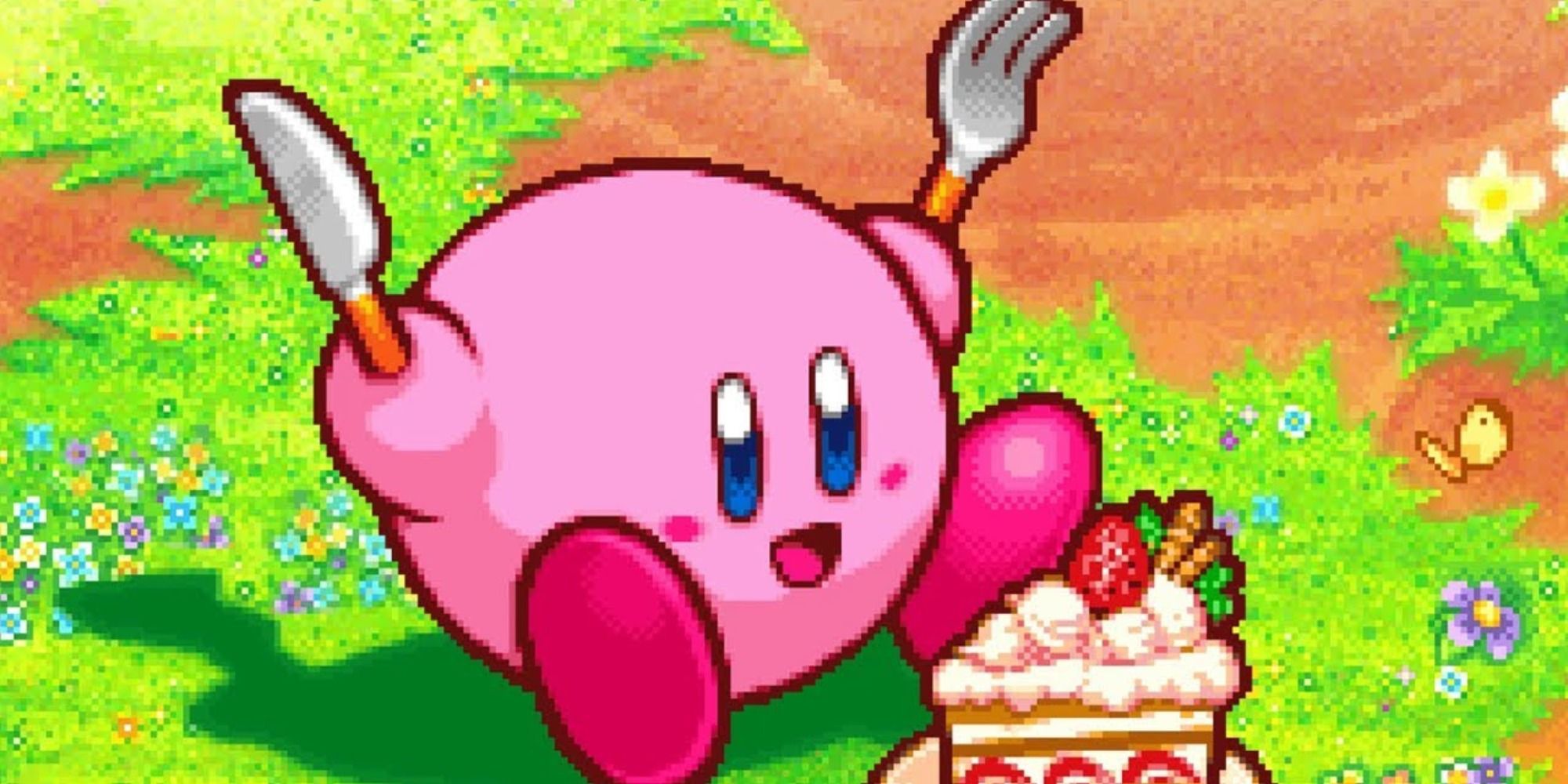 A screenshot of Kirby Squeak Squad, showing Kirby ready to dig into a slice of strawberry shortcake