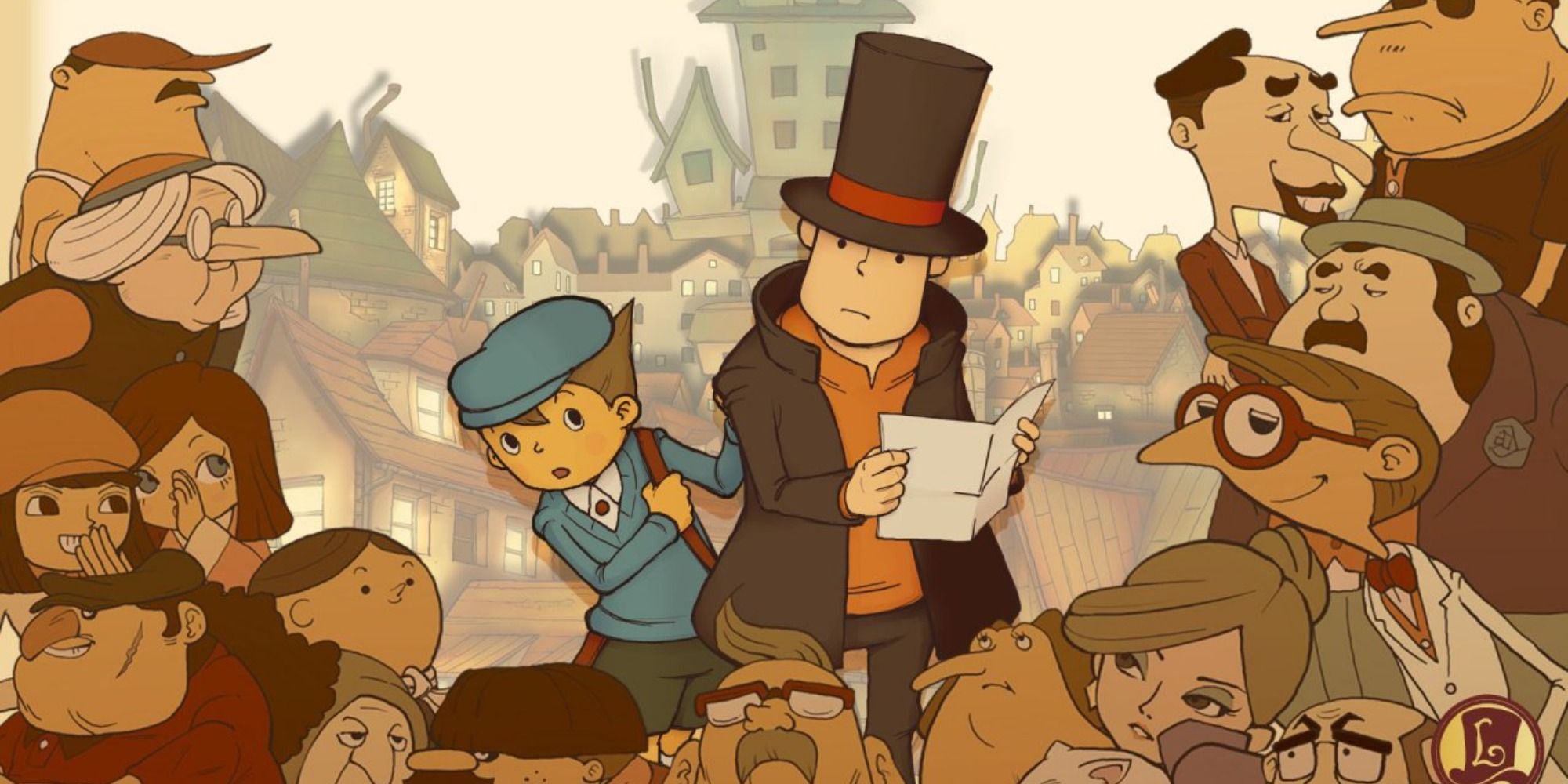 professor layton and luke surrounded by the st mystere villagers in professor layton and the curious village