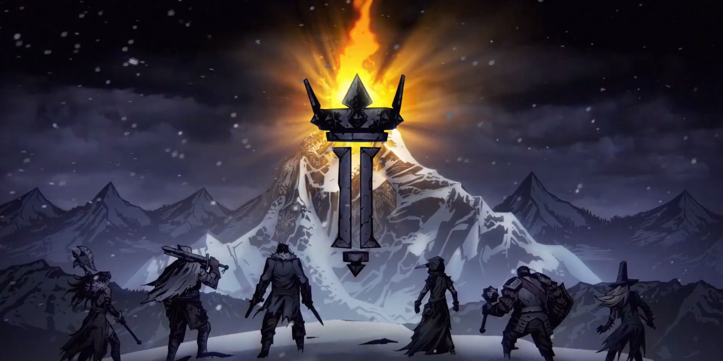 Darkest Dungeon 2 logo - Snowy Mountain Torch with party members facing mountain