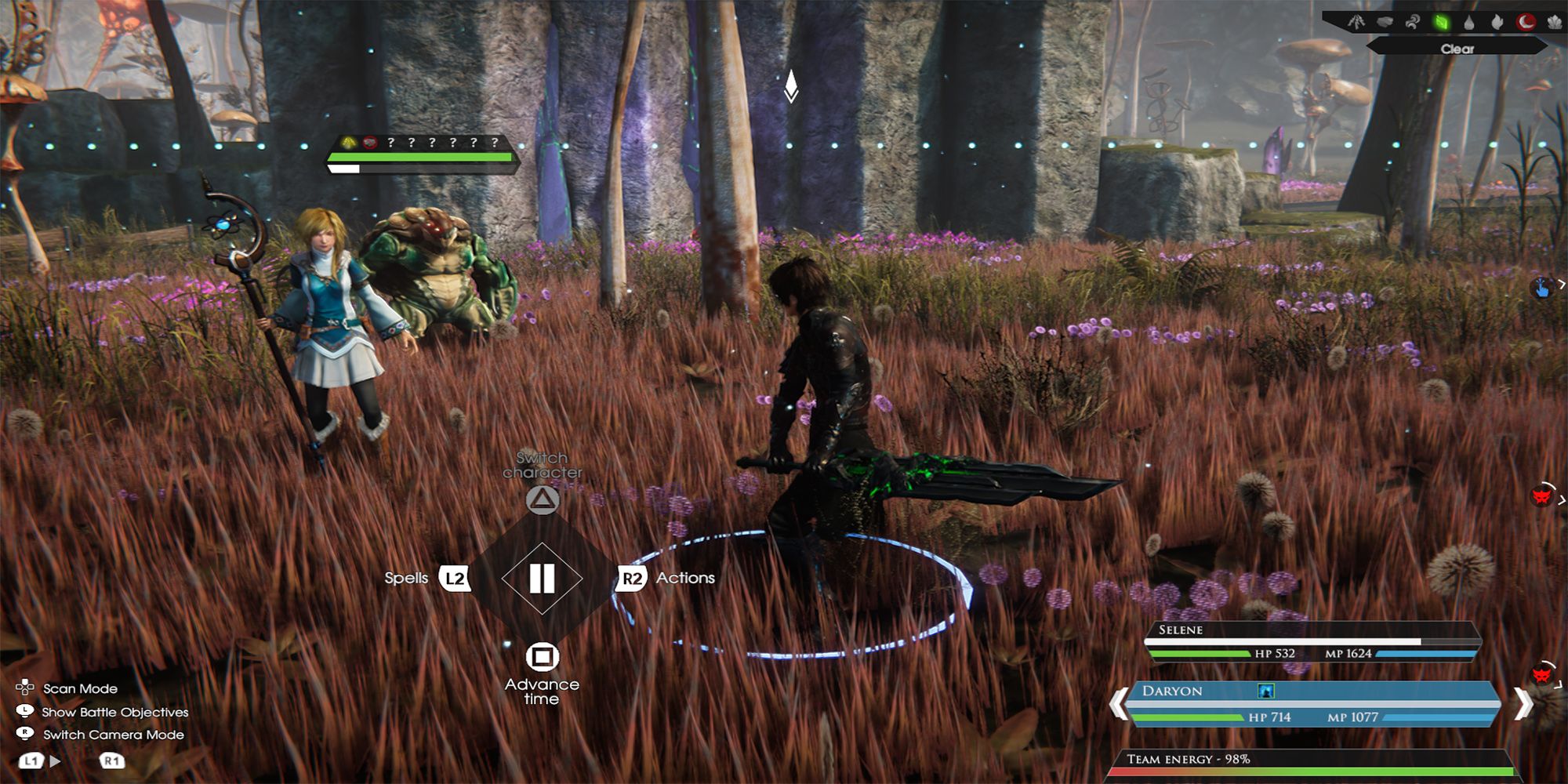 Daryon faces off in a battle against a cancer arbiter in the Marsh of Alasea in Edge of Eternity.